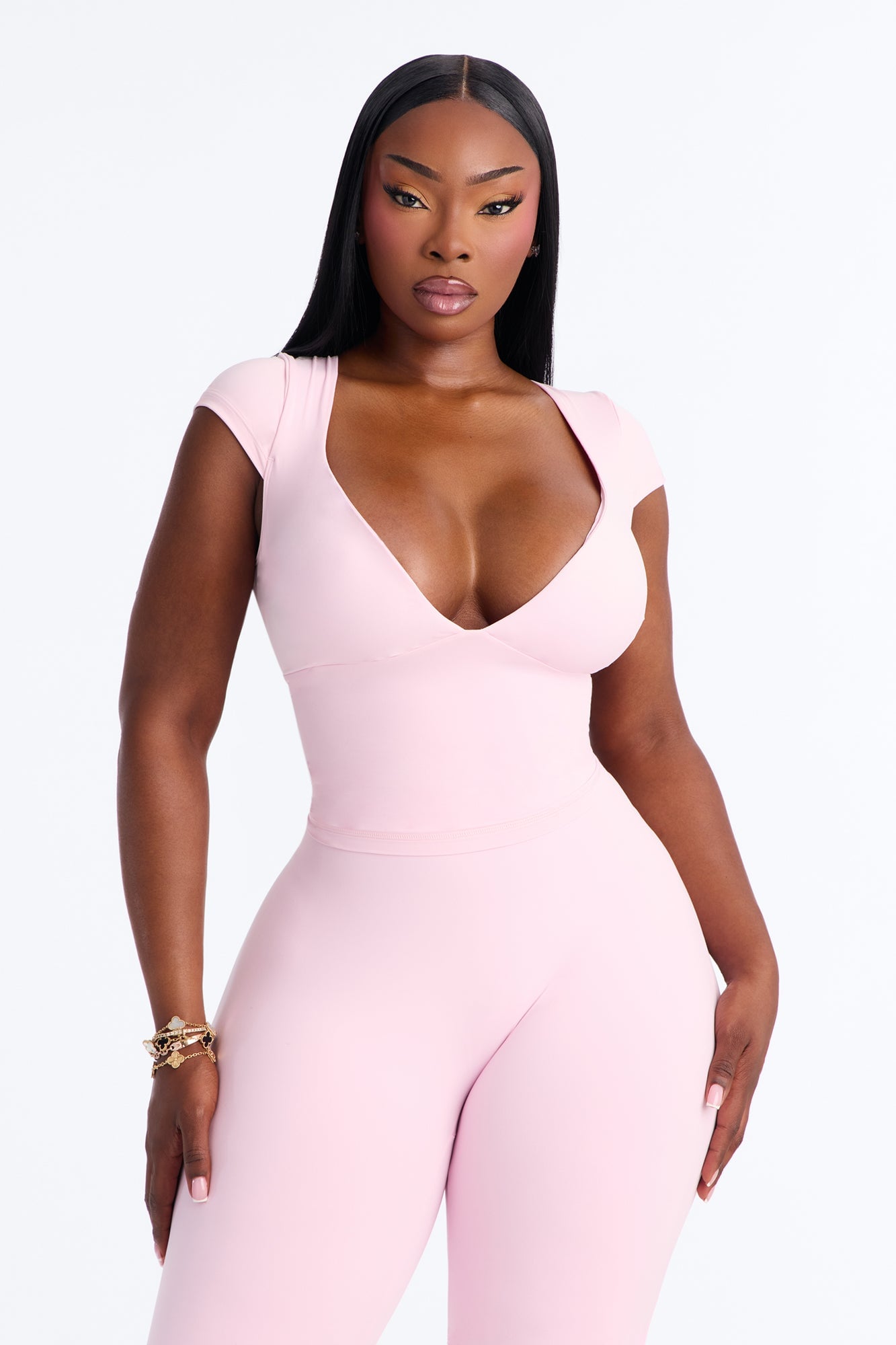 Second Skin Double Lined Bra Pad V Neck Cap Sleeve Top - Light Pink image 1