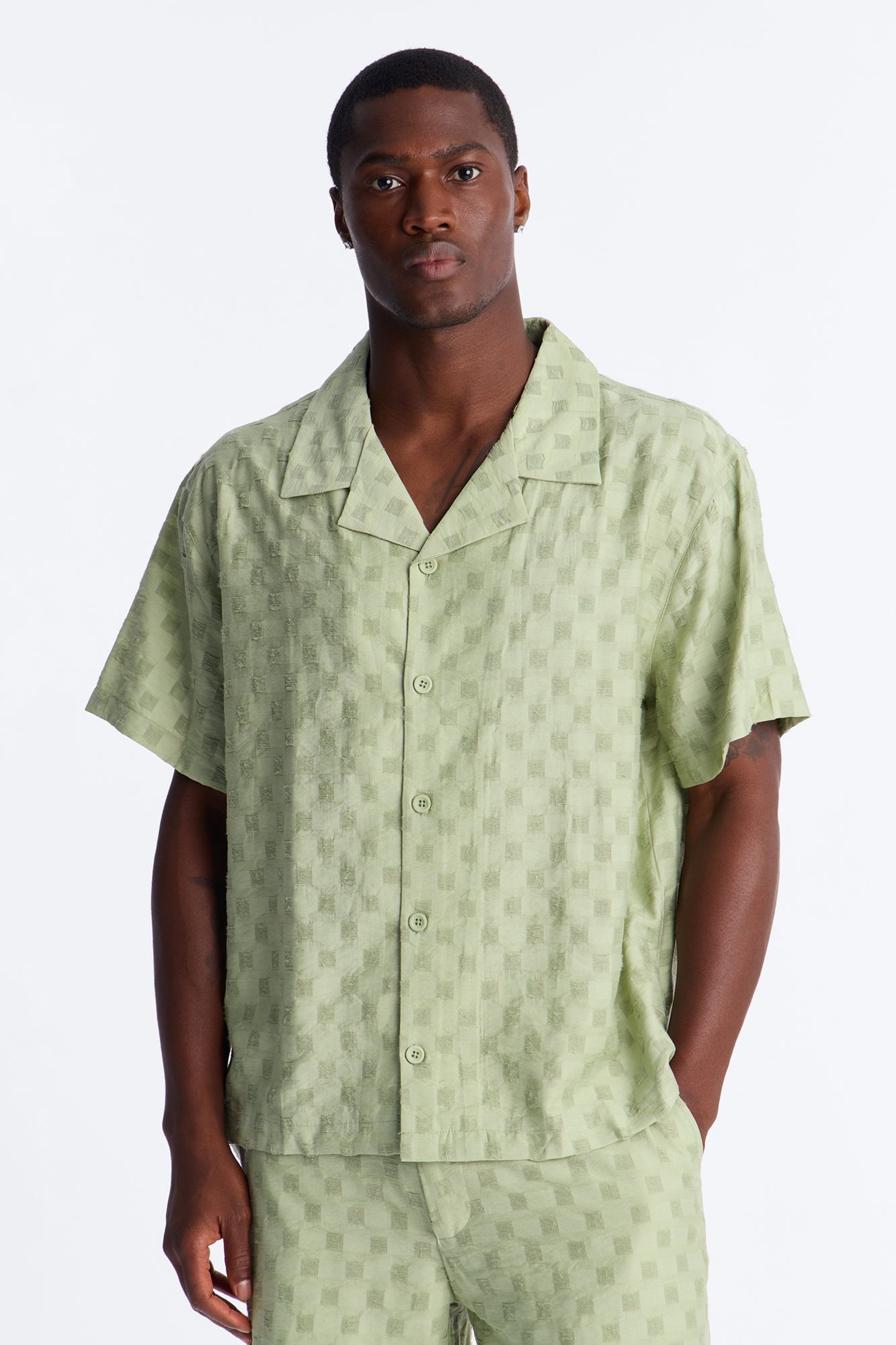 Textured Checkered Cuban Collar Button Up Shirt - Sage image 5