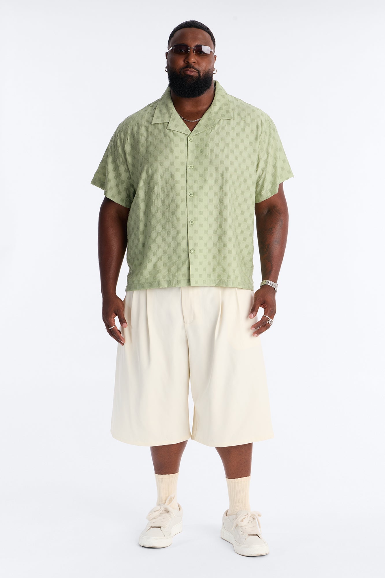 Textured Checkered Cuban Collar Button Up Shirt - Sage image 2