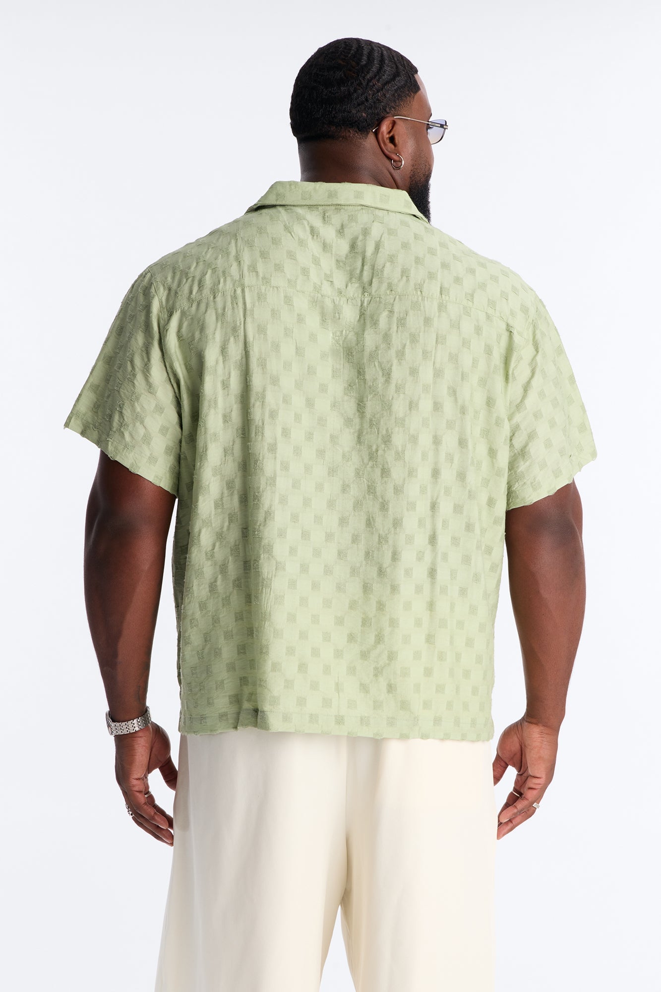 Textured Checkered Cuban Collar Button Up Shirt - Sage image 4