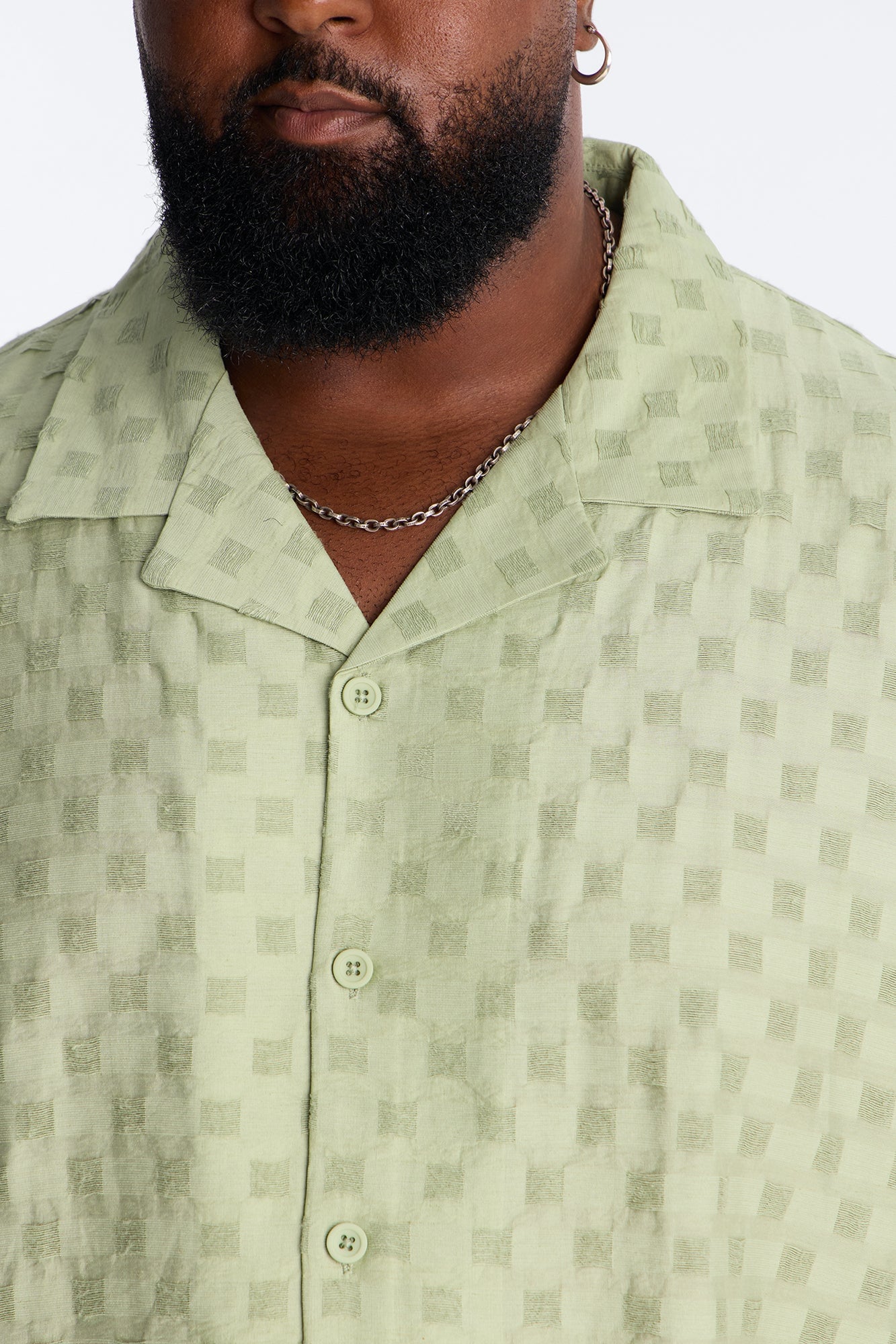 Textured Checkered Cuban Collar Button Up Shirt - Sage image 3