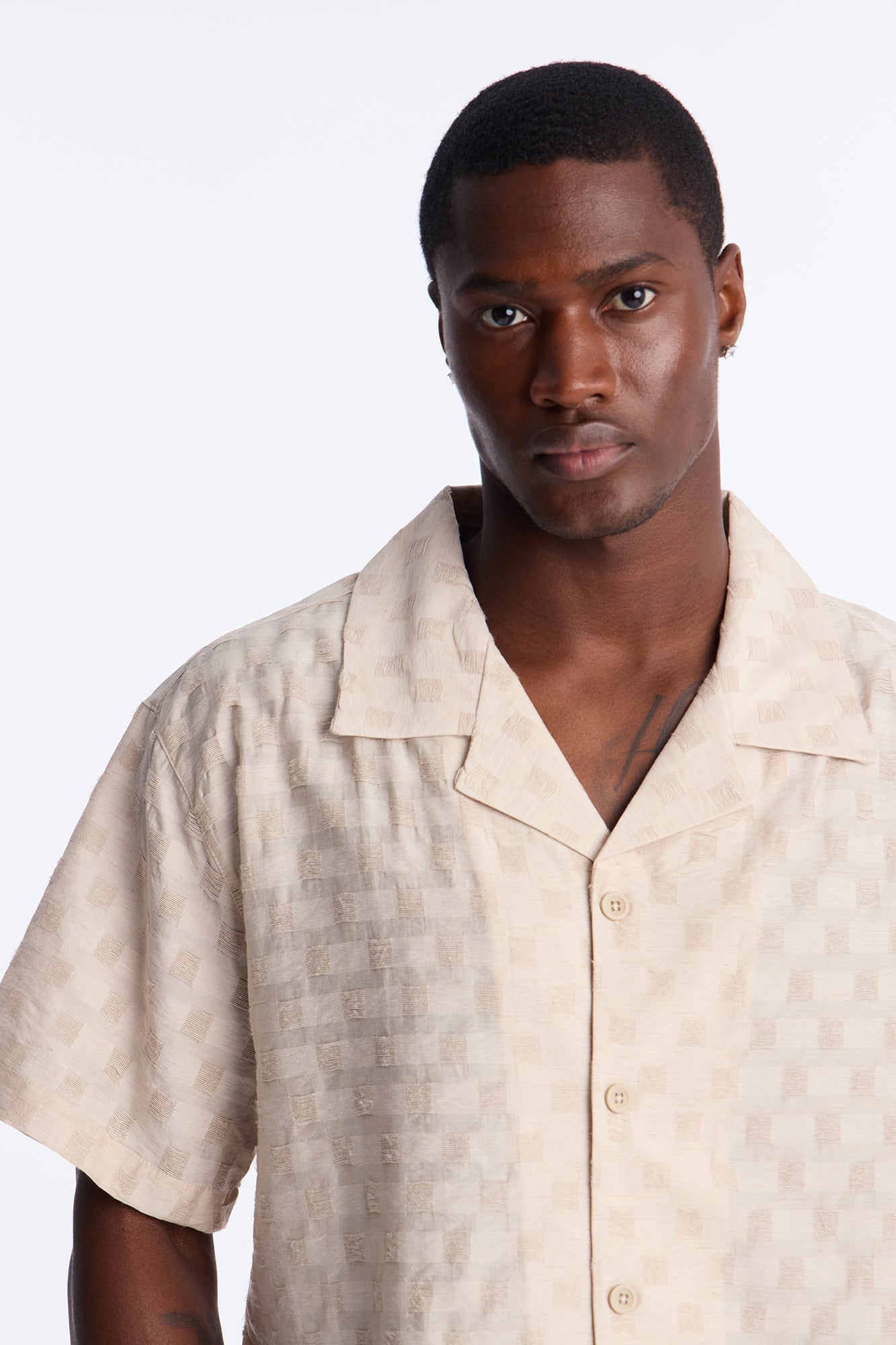 Textured Checkered Cuban Collar Button Up Shirt - Taupe image 7
