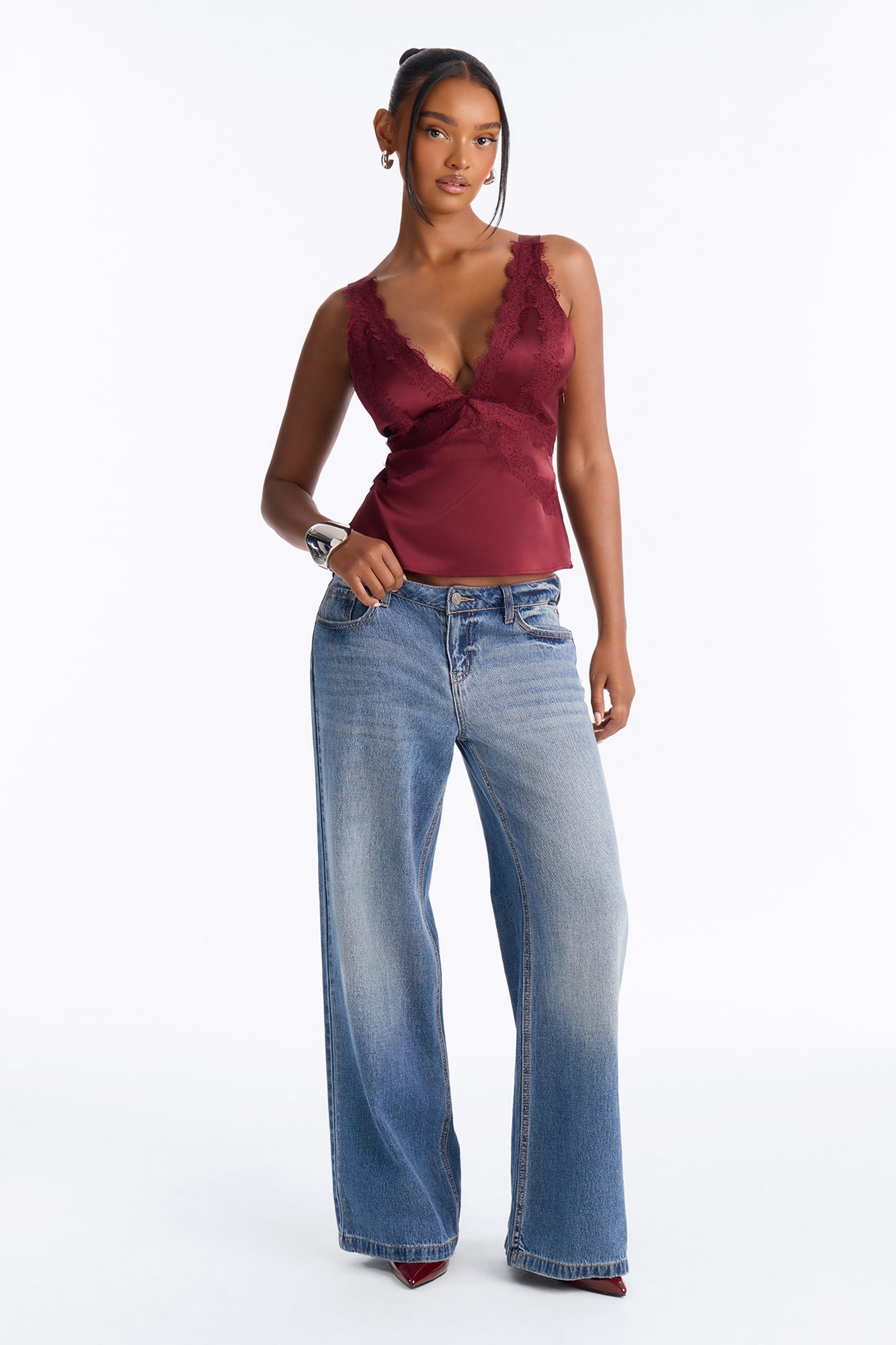 Show Me Better Lace Trim Satin Top - Burgundy image 6