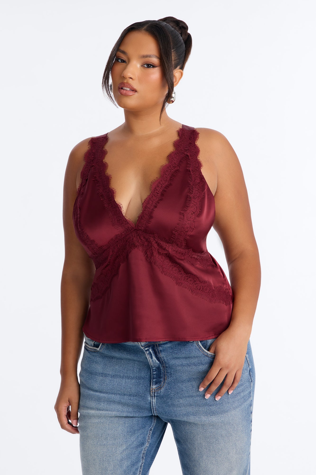 Show Me Better Lace Trim Satin Top - Burgundy image 1
