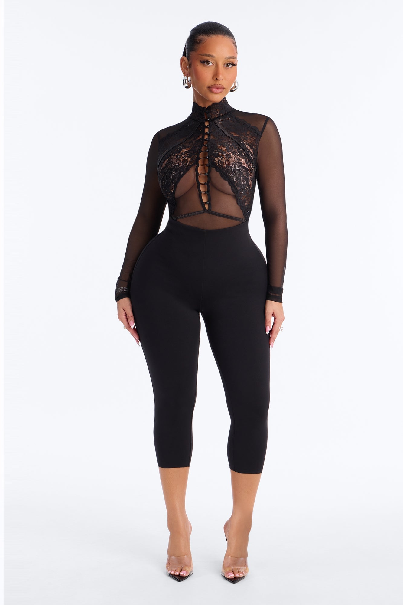 Mirabel Lace Button Up Mock Neck Long Sleeve Bodysuit - Black image 6