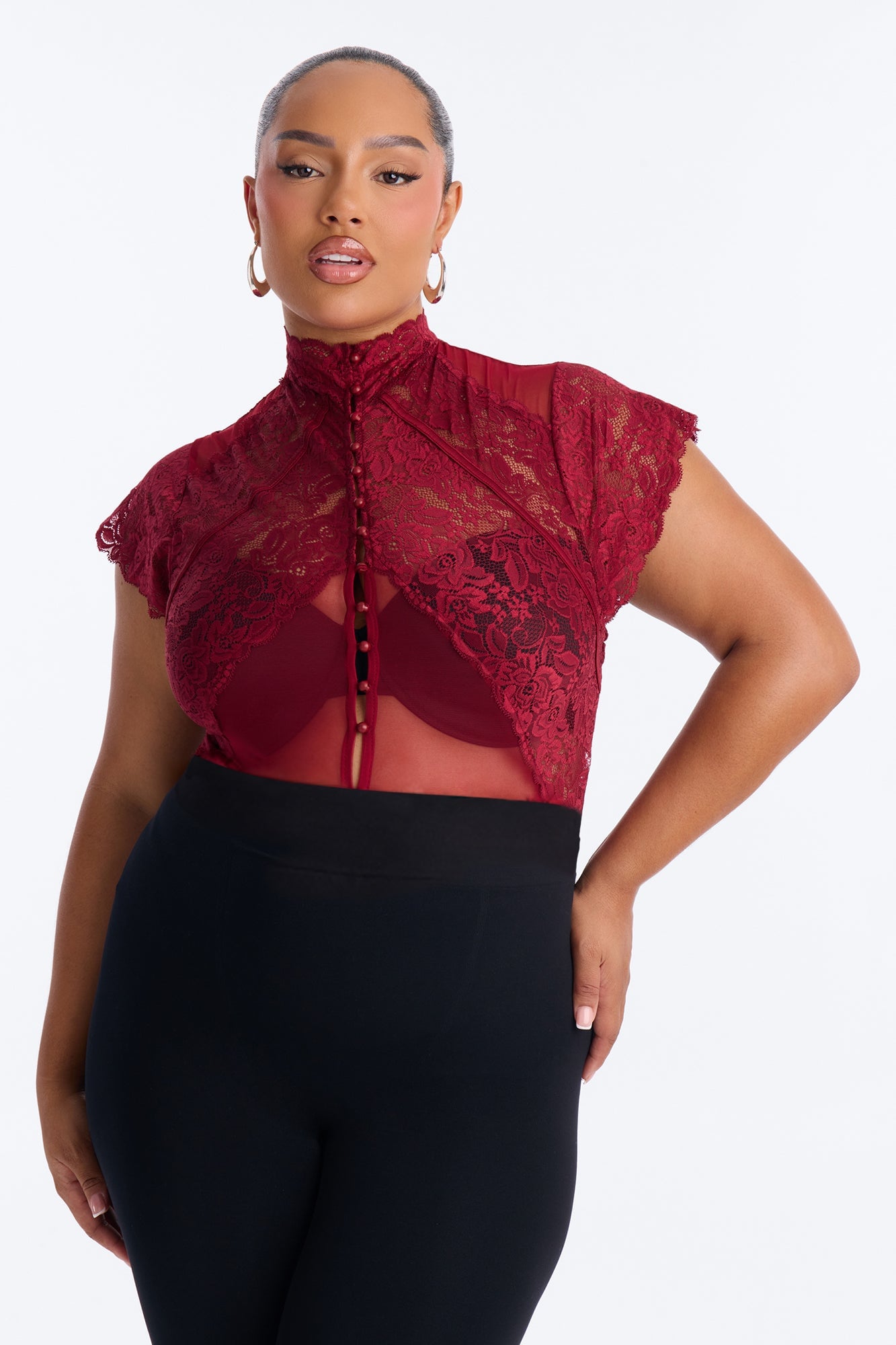 Mirabel Lace Button Up Mock Neck Short Sleeve Bodysuit - Burgundy image 2
