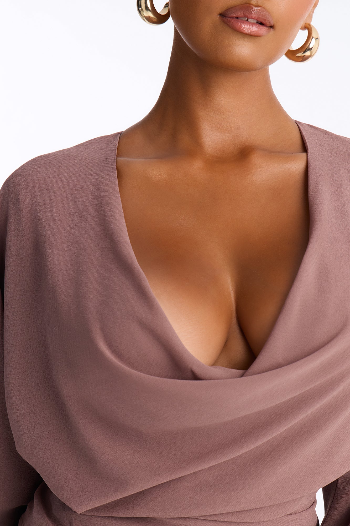 Dani Solid Chiffon Cowl Neck Long Sleeve Top - Mocha image 7