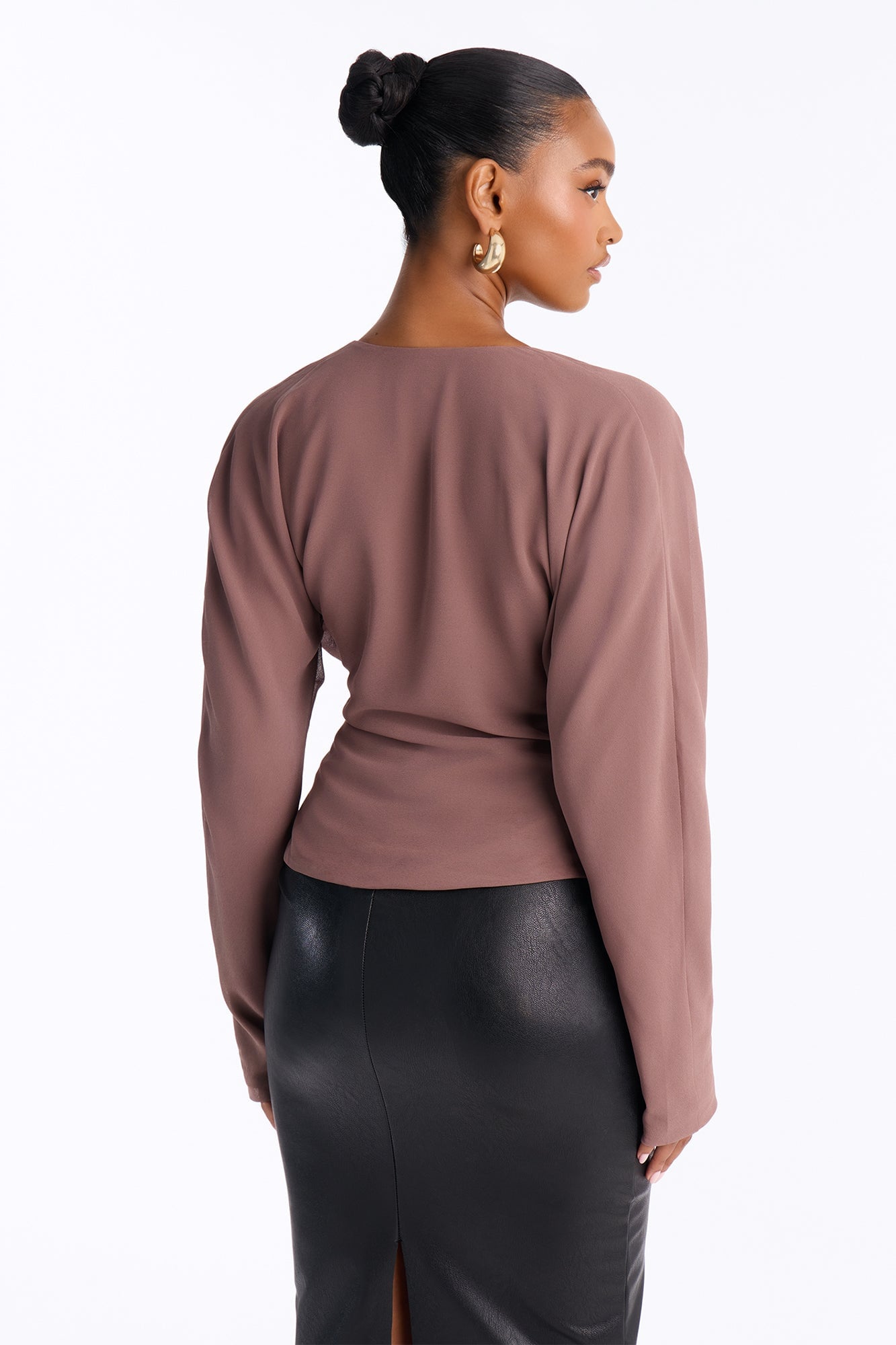 Dani Solid Chiffon Cowl Neck Long Sleeve Top - Mocha image 8
