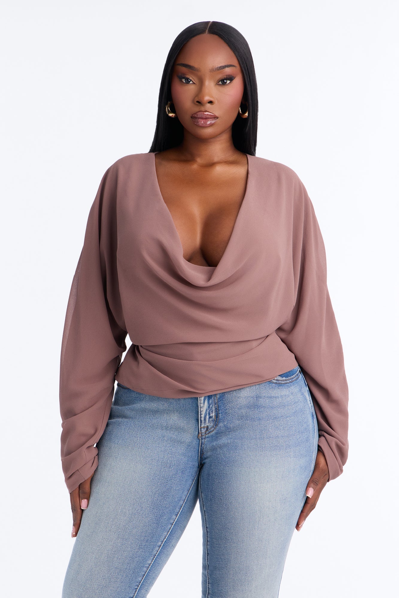 Dani Solid Chiffon Cowl Neck Long Sleeve Top - Mocha image 1