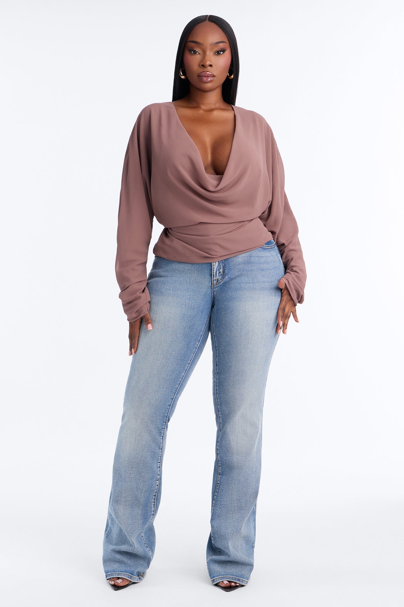 Dani Solid Chiffon Cowl Neck Long Sleeve Top - Mocha image 2
