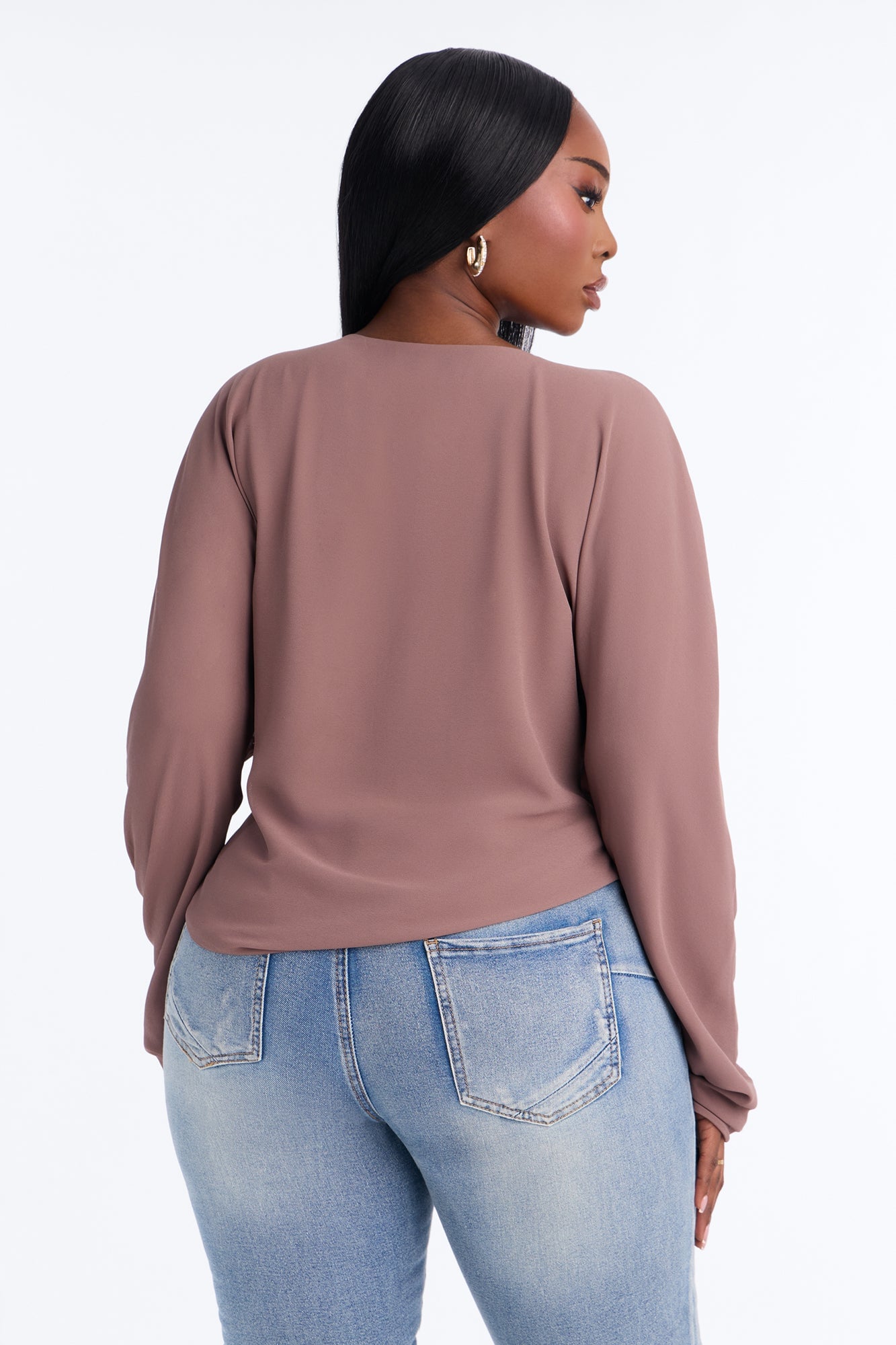 Dani Solid Chiffon Cowl Neck Long Sleeve Top - Mocha image 3