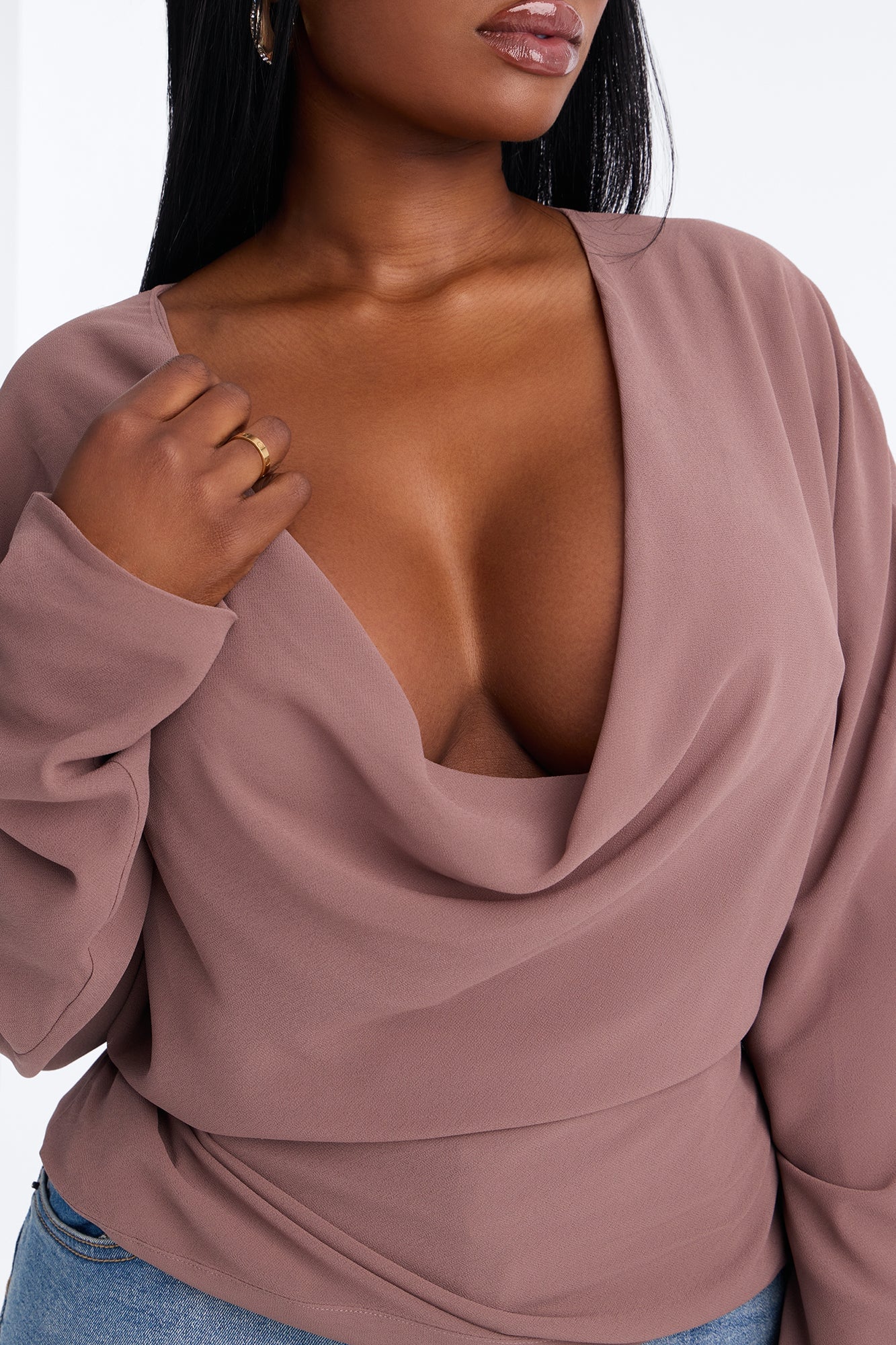 Dani Solid Chiffon Cowl Neck Long Sleeve Top - Mocha image 4