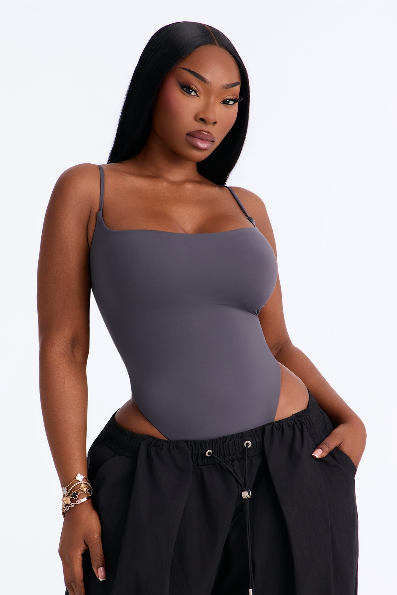 Second Skin Double Lined Square Neck Cami Bodysuit - Charcoal image 3