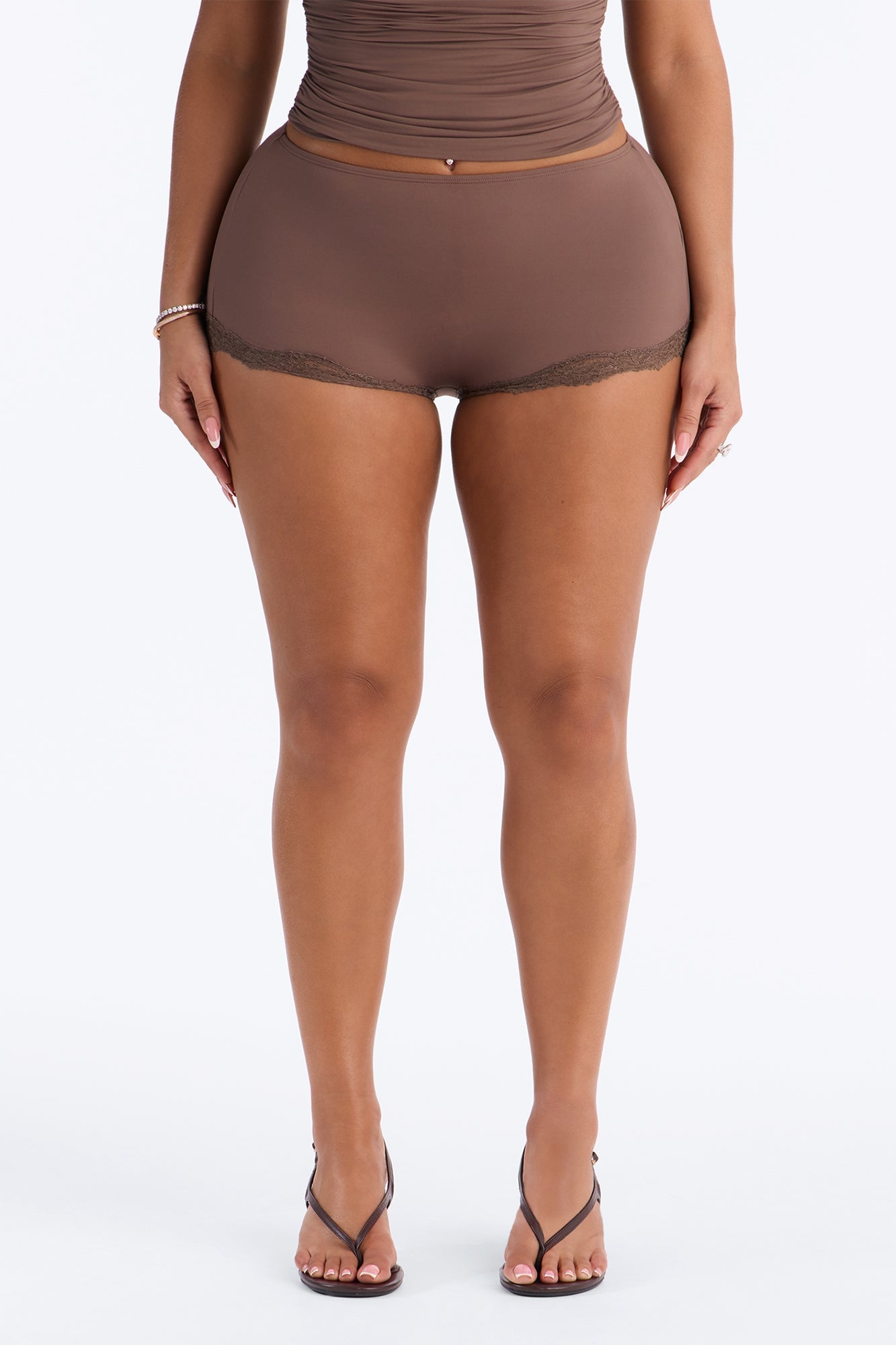Second Skin Double Lined Lace Trim Micro Shorts - Brown image 5