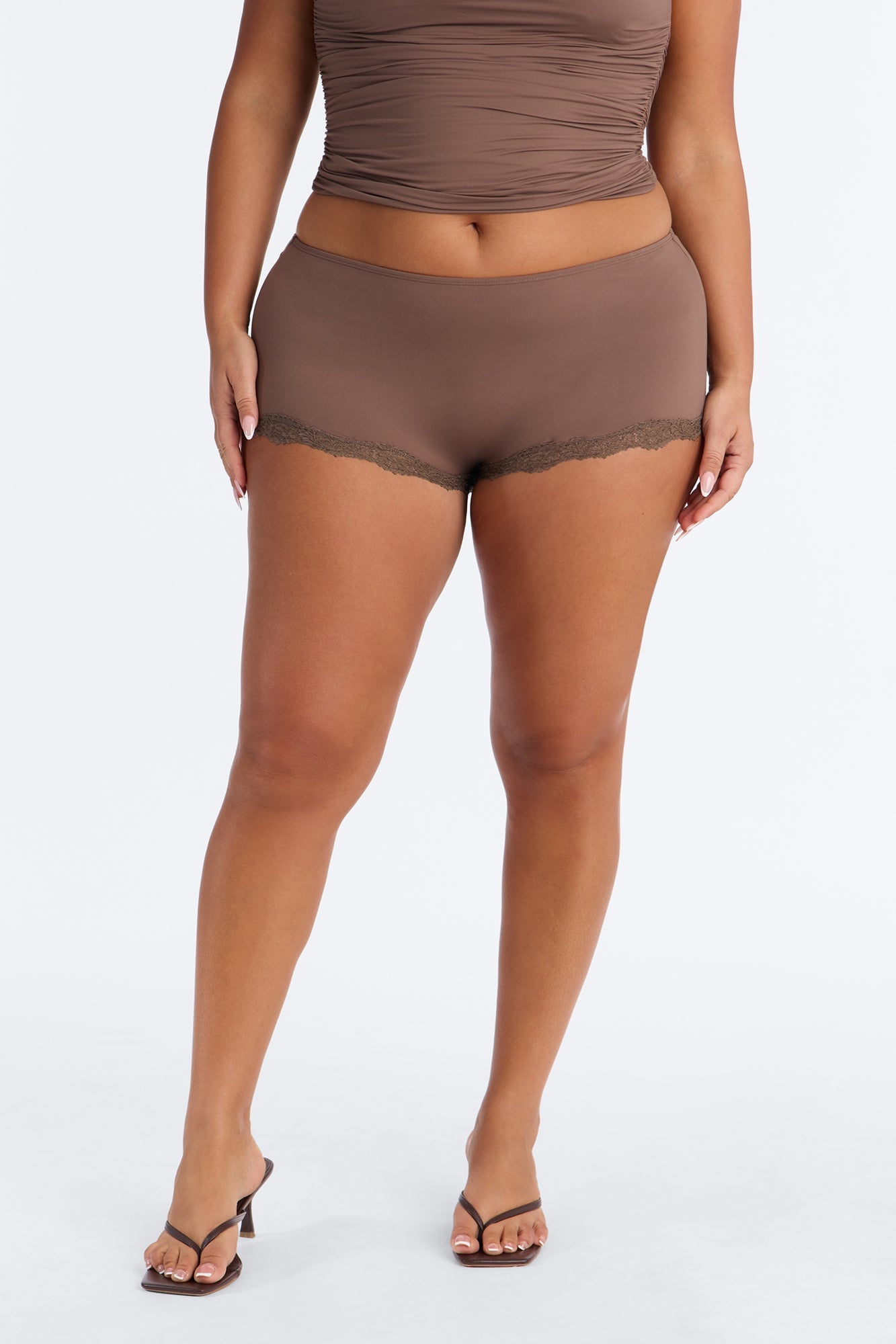 Second Skin Double Lined Lace Trim Micro Shorts - Brown image 2