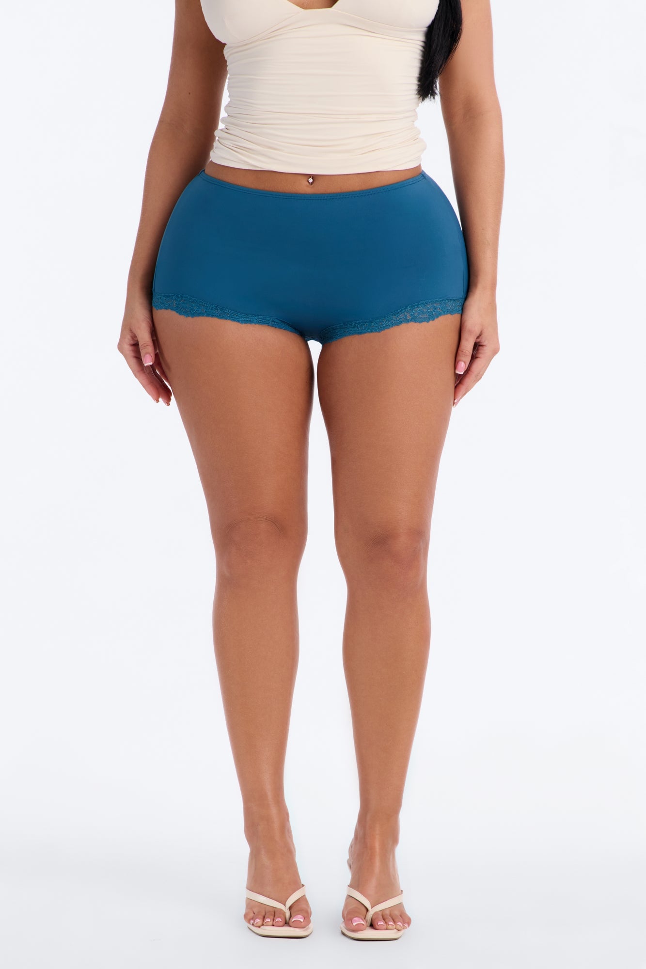 Second Skin Double Lined Lace Trim Micro Shorts - Teal image 6
