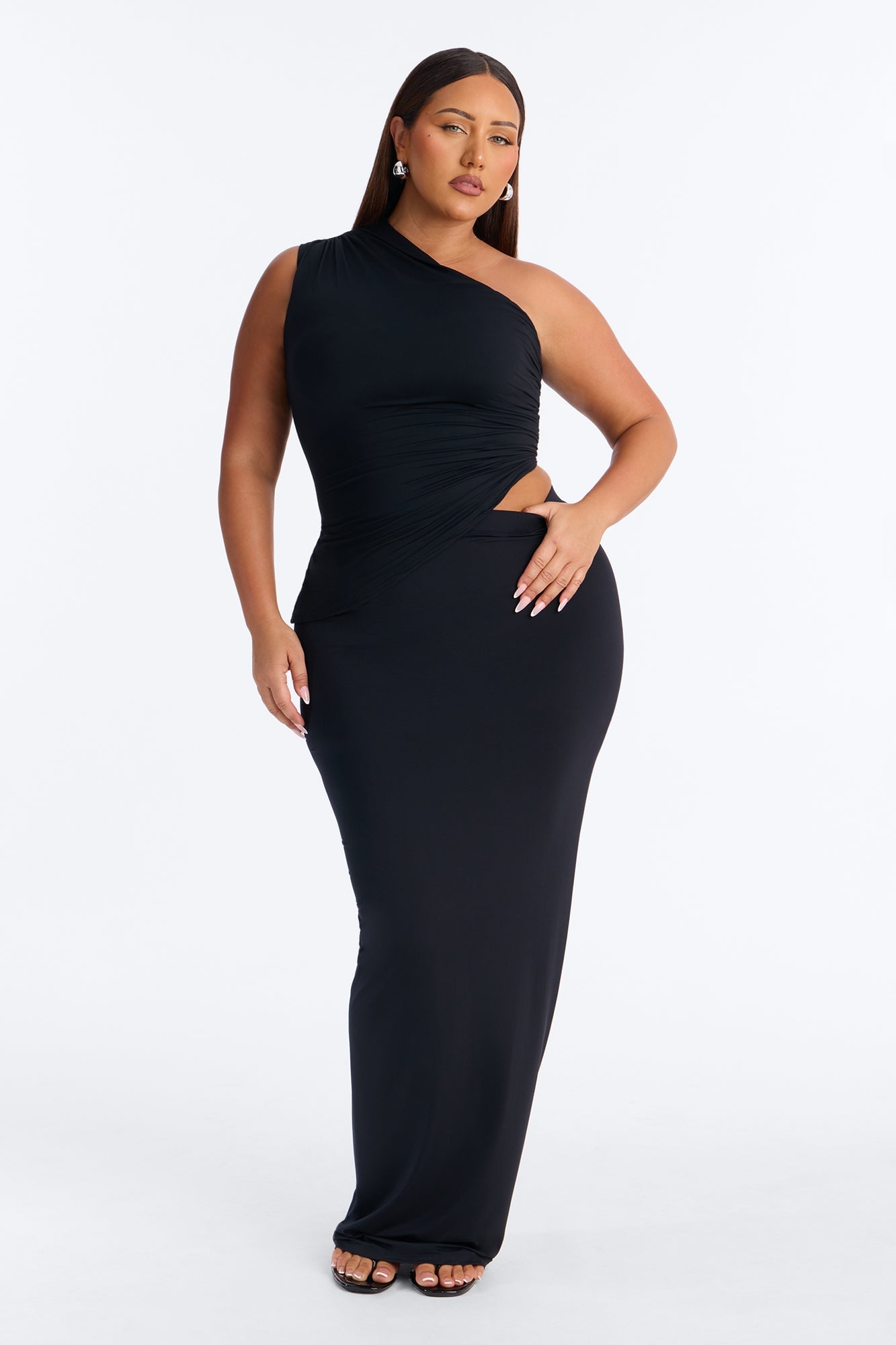 Second Skin Double Lined One Shoulder Ruched Top - Black image 2