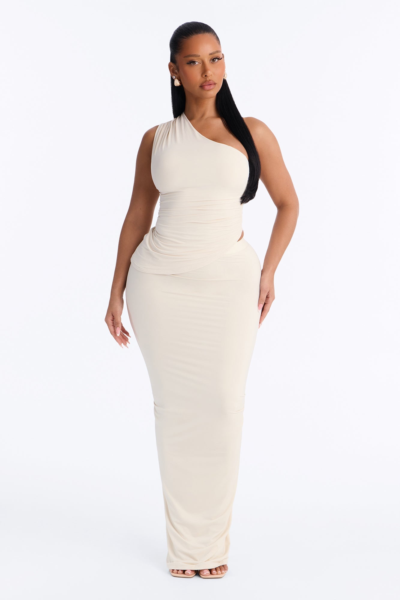 Second Skin Double Lined One Shoulder Ruched Top - Bone image 6