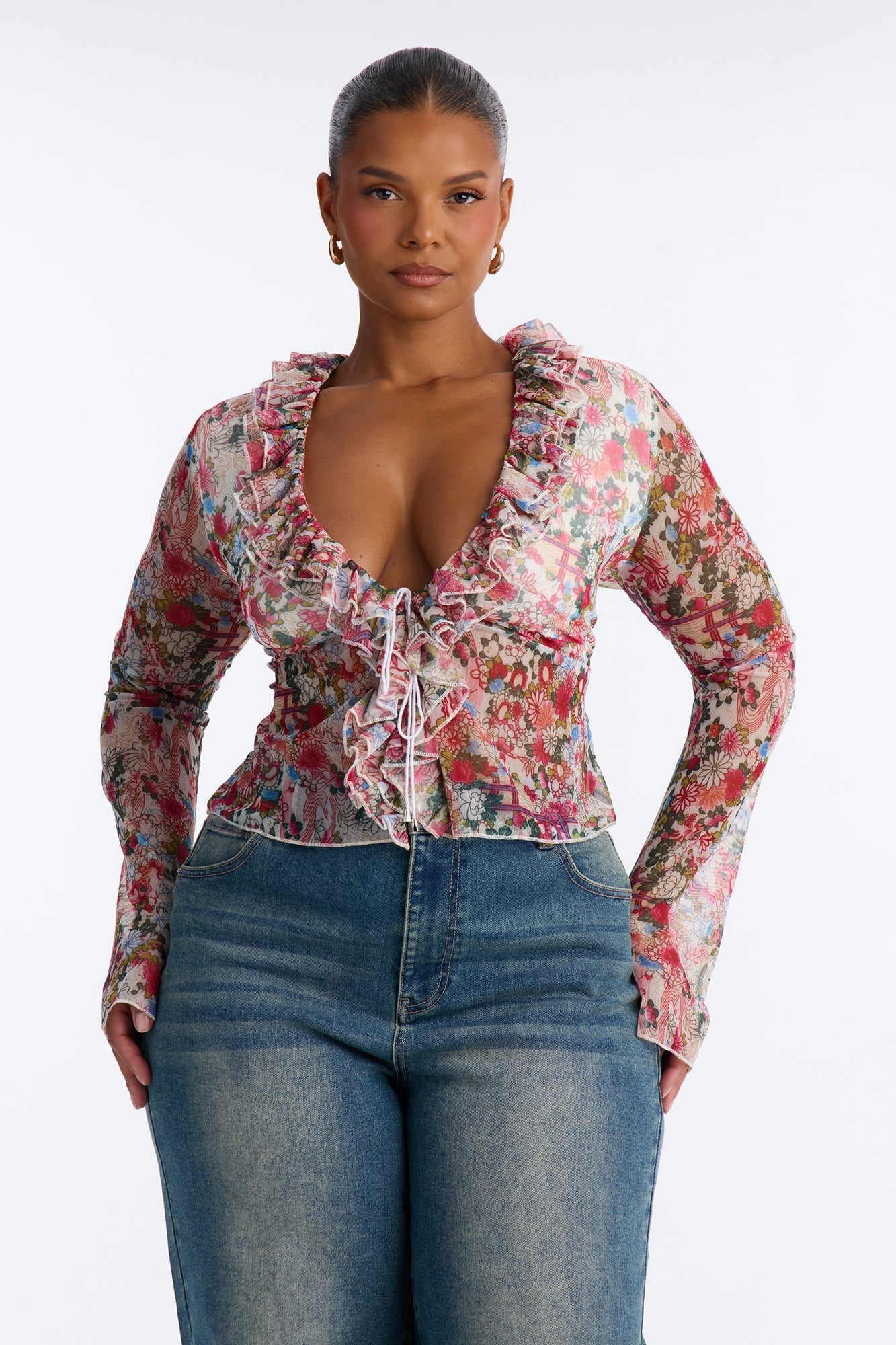 Alexa Ruffle Floral Mesh Long Sleeve Top - Multi Color image 1