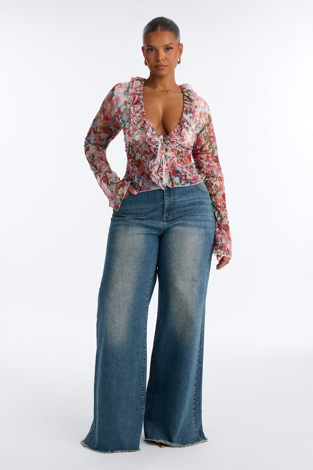 Alexa Ruffle Floral Mesh Long Sleeve Top - Multi Color image 2