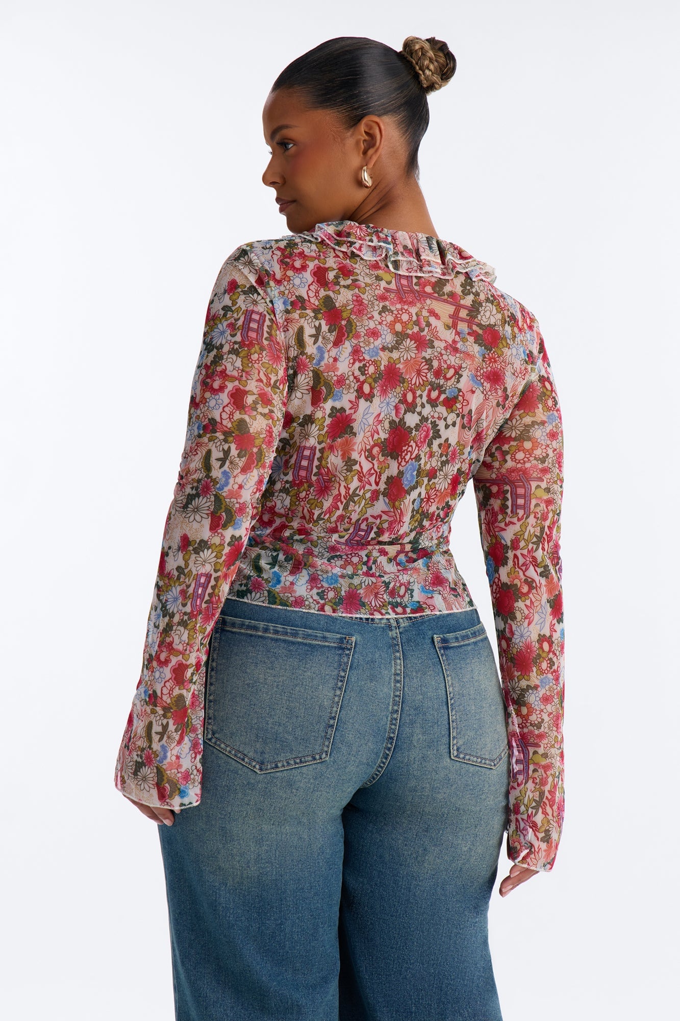 Alexa Ruffle Floral Mesh Long Sleeve Top - Multi Color image 3