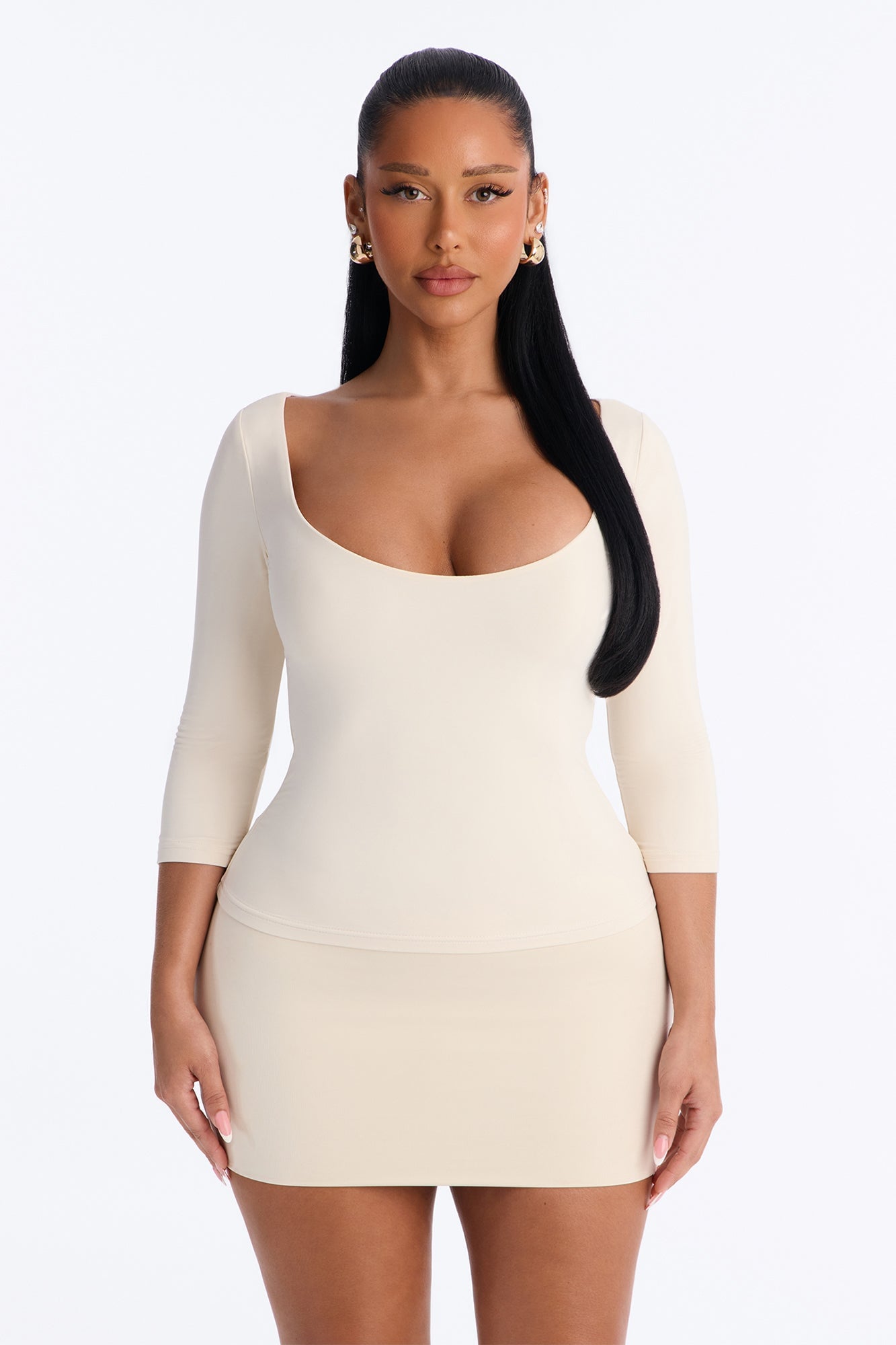 Second Skin Double Lined Scoop Neck Mid Sleeve Top - Bone image 5