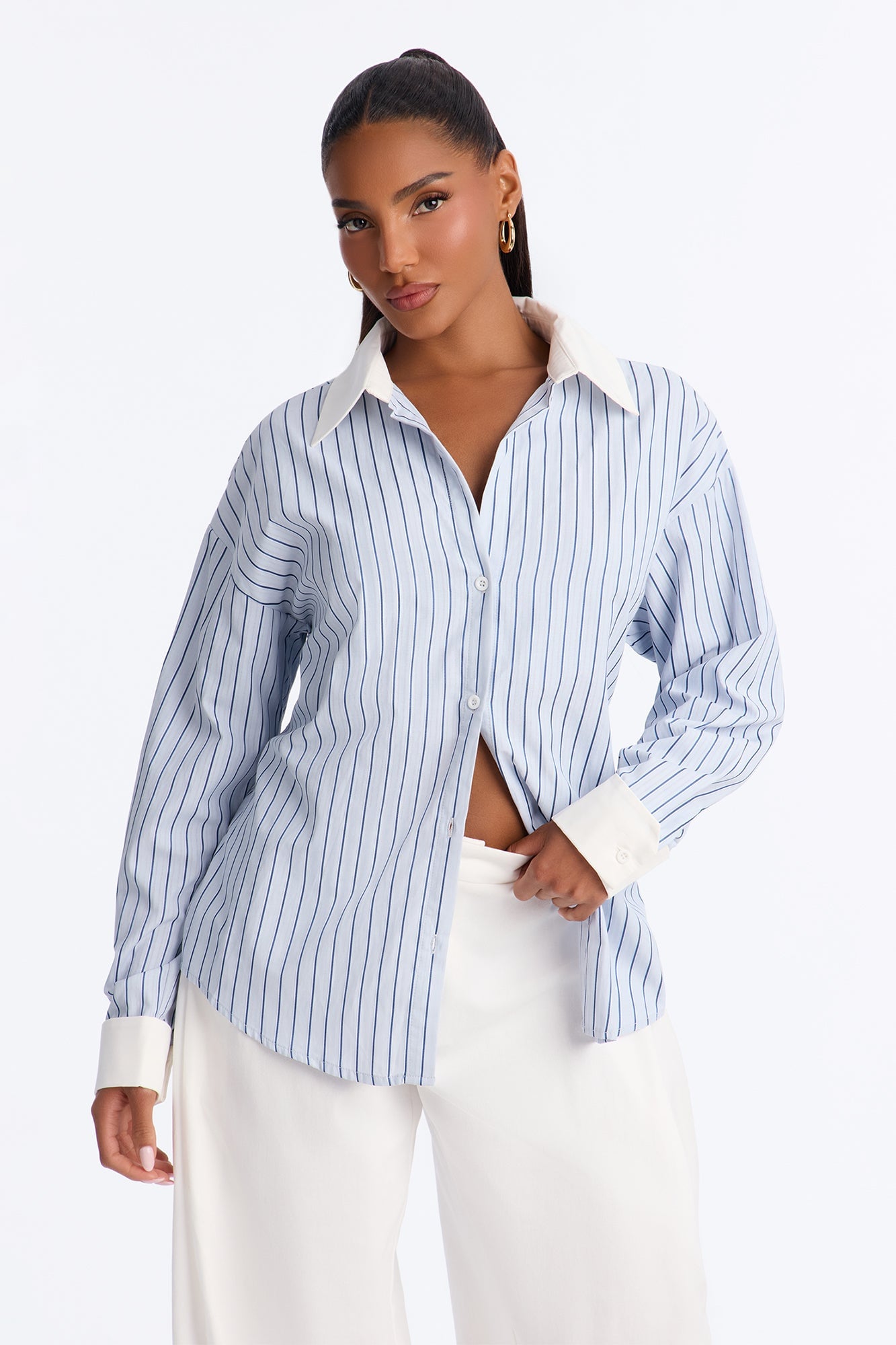Cass Striped Button Up Shirt - White/Blue image 5