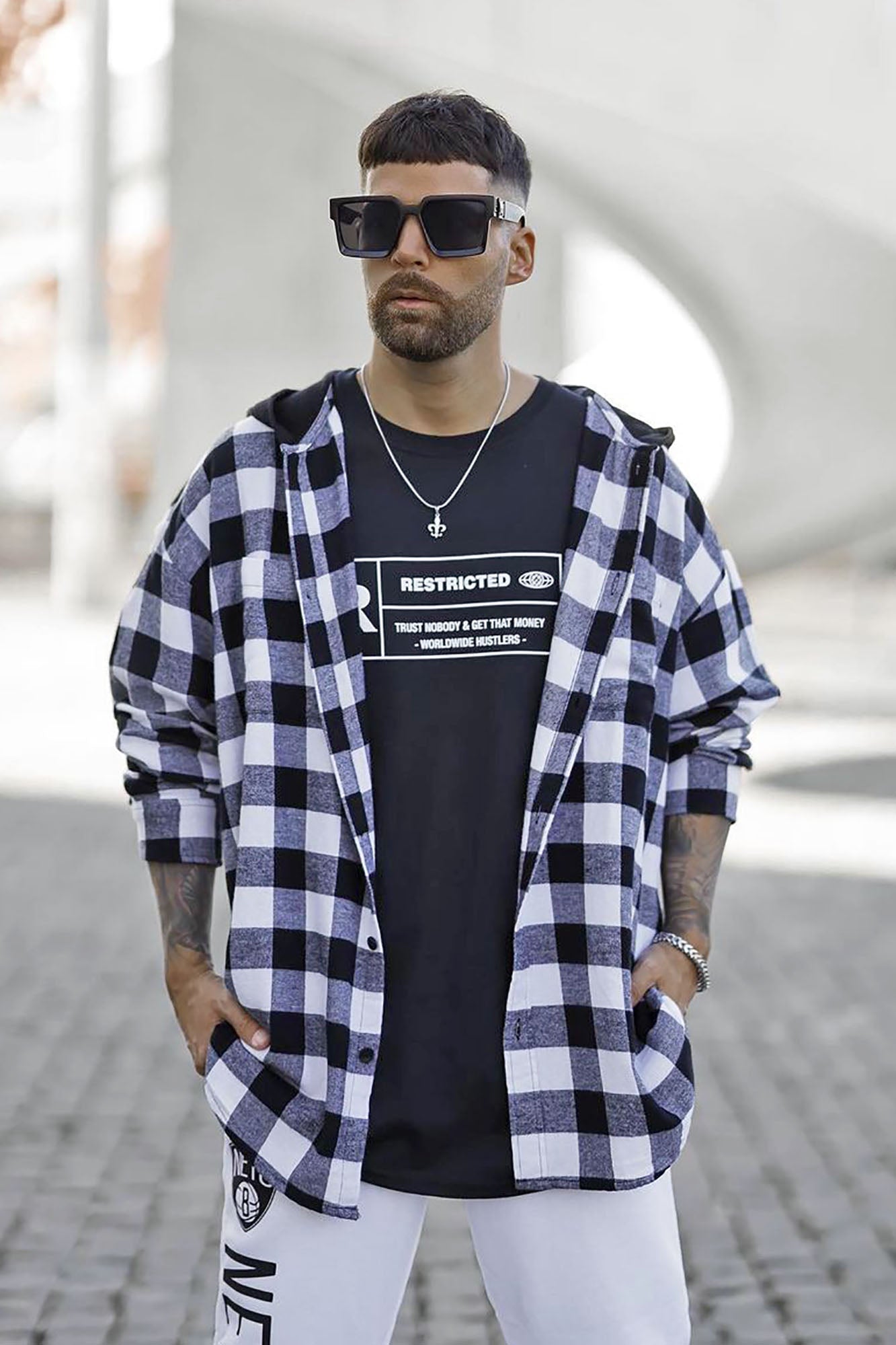 Good Luck Hooded Plaid Flannel Shirt - White/Black image 9