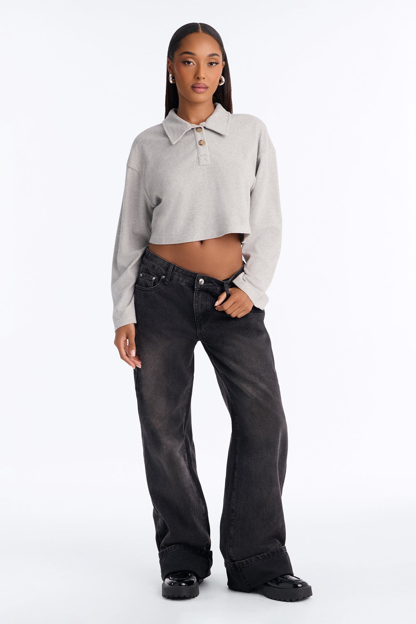 Evelyn Everyday Boxy Crop Polo Shirt - Heather Grey image 2