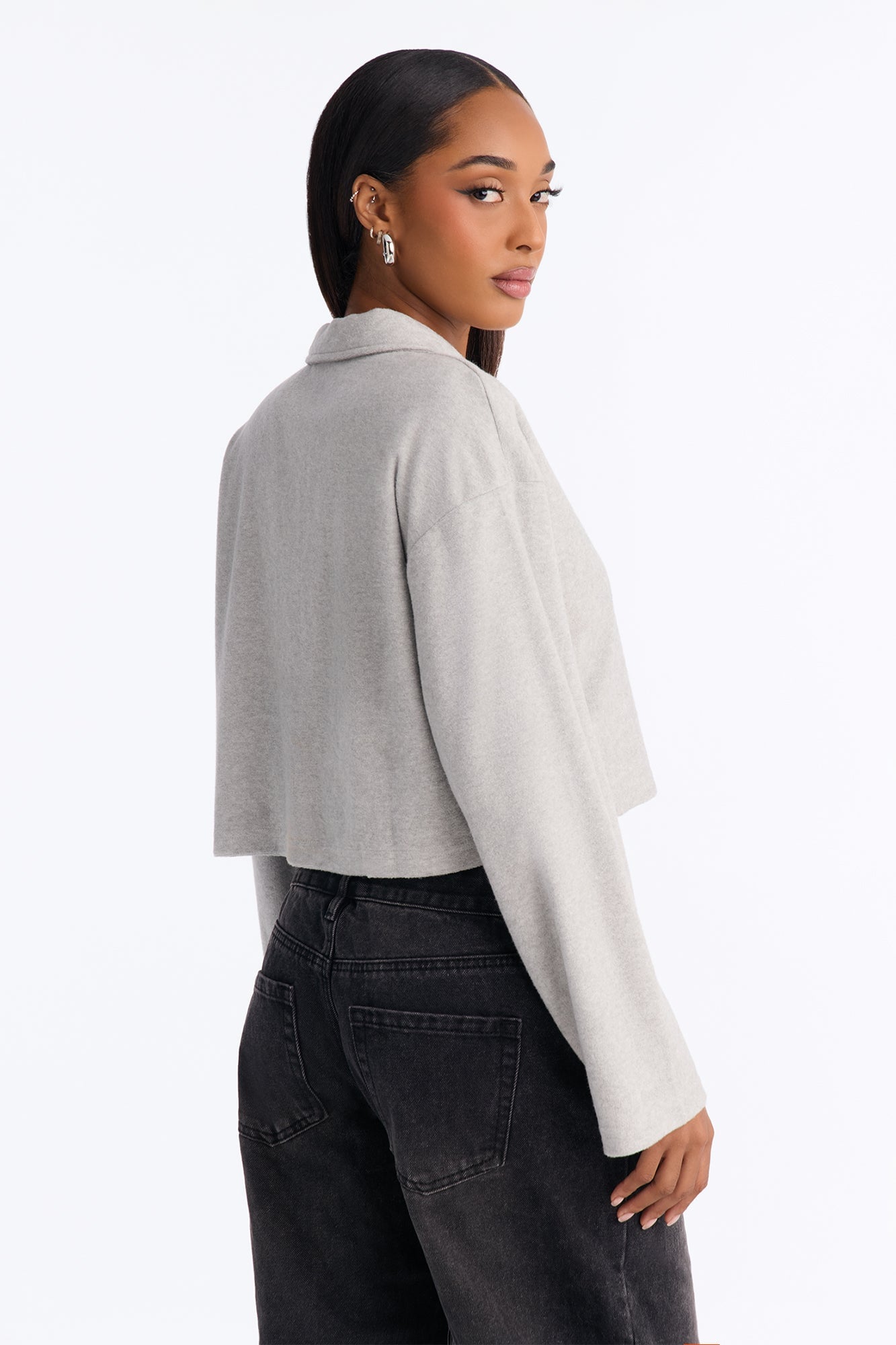 Evelyn Everyday Boxy Crop Polo Shirt - Heather Grey image 3