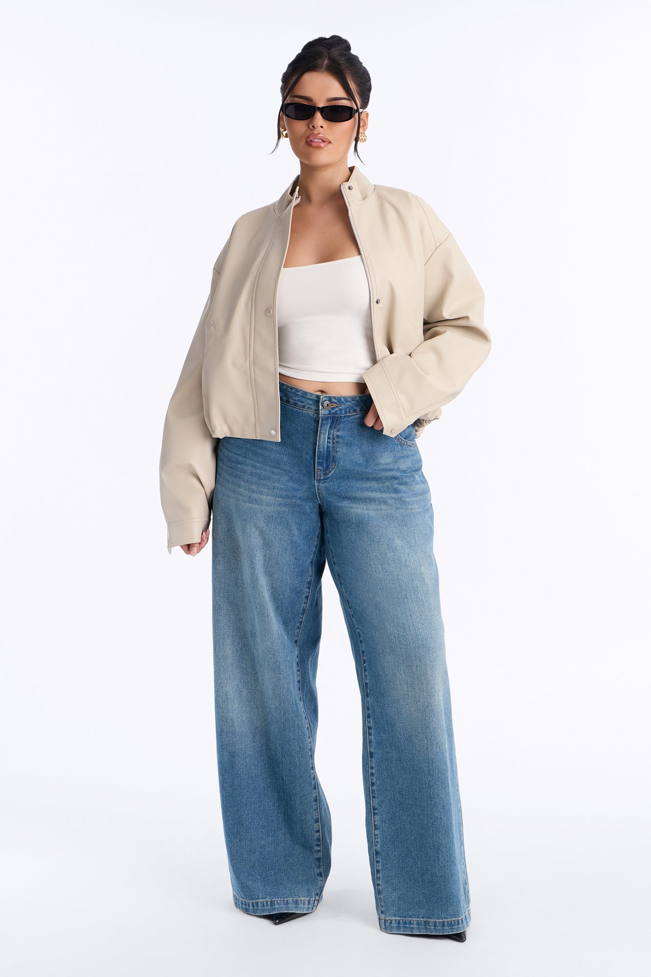 Francesca Faux Leather Funnel Neck Bomber Jacket - Stone image 2