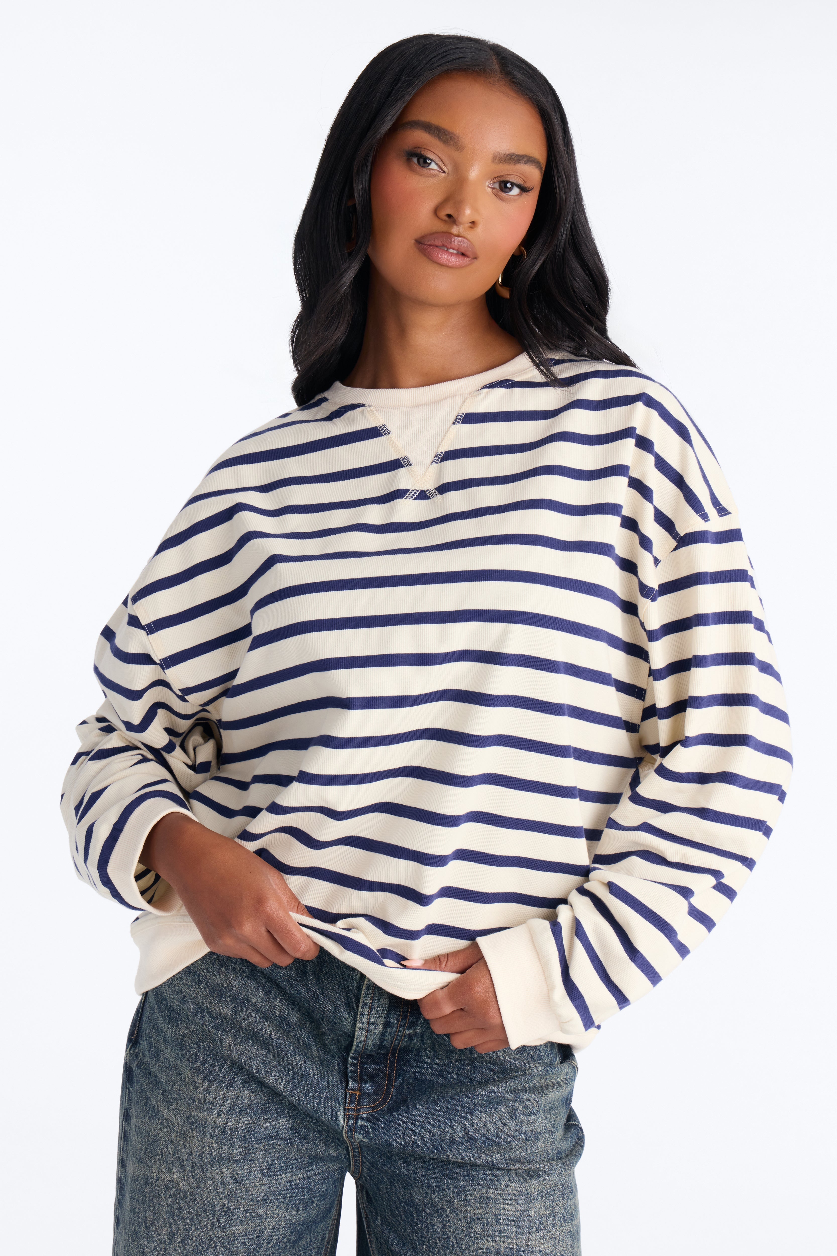 Stay Cool Striped Oversized Long Sleeve Top - Navy/combo image 5