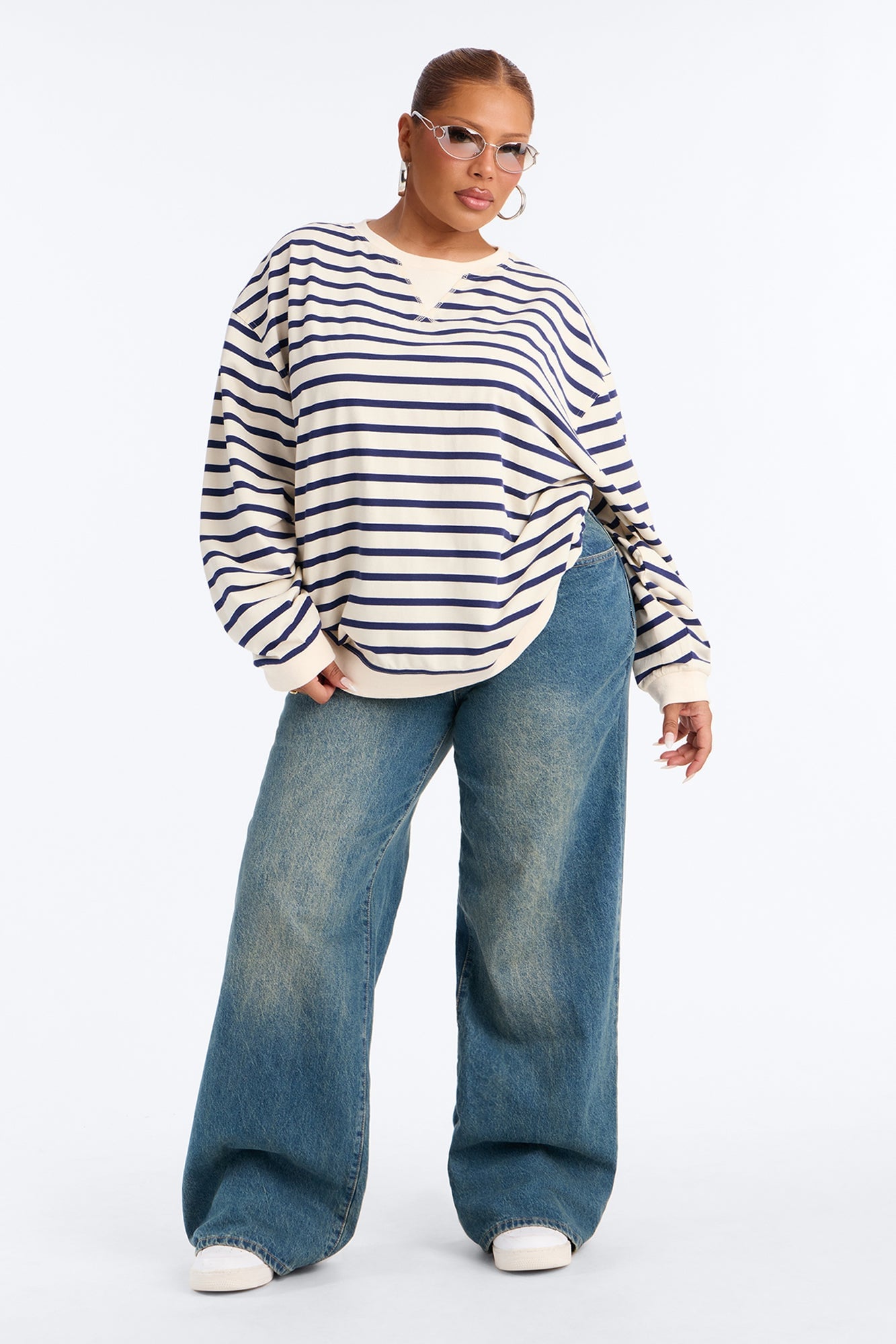 Stay Cool Striped Oversized Long Sleeve Top - Navy/combo image 1