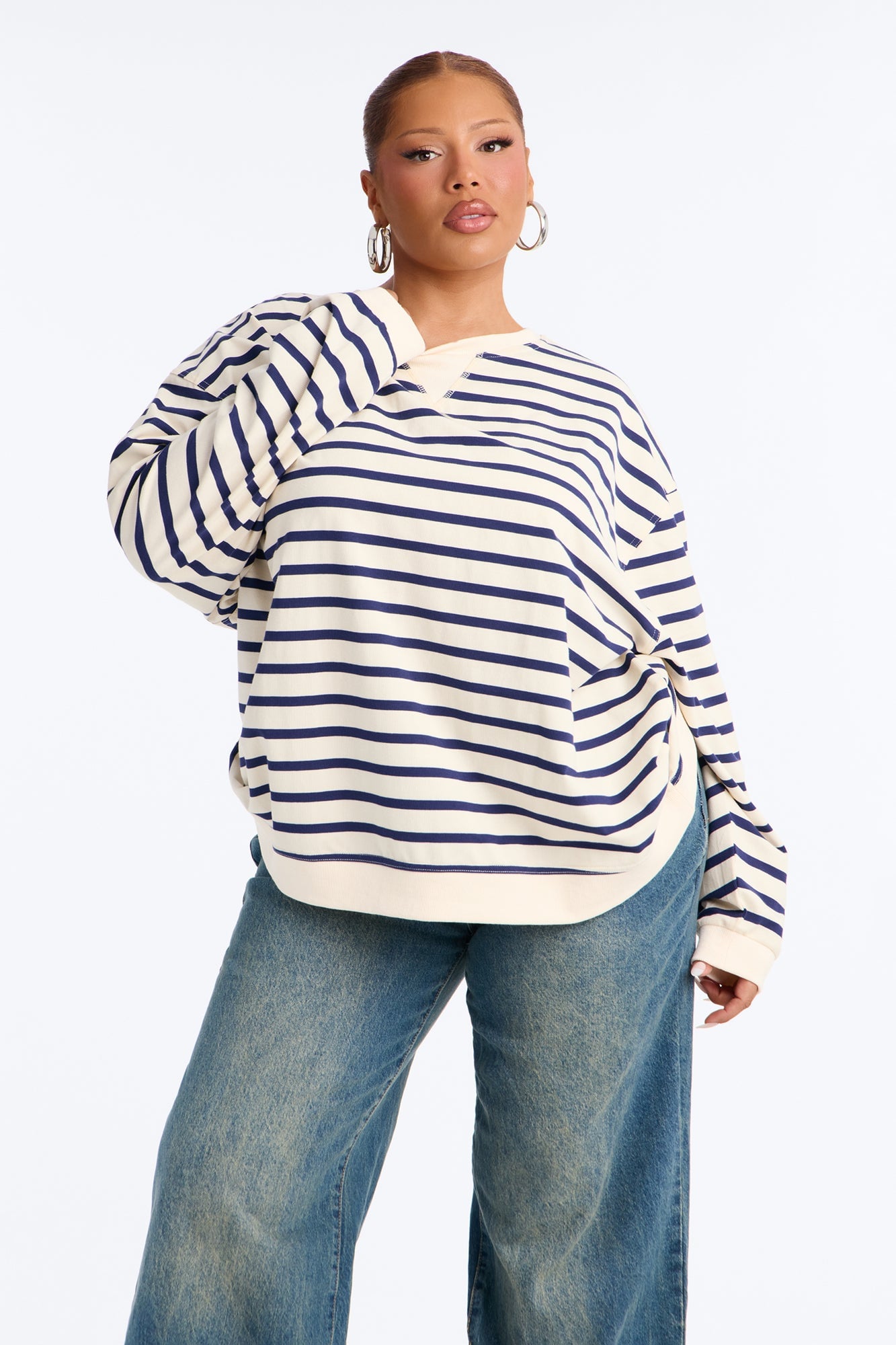 Stay Cool Striped Oversized Long Sleeve Top - Navy/combo image 2