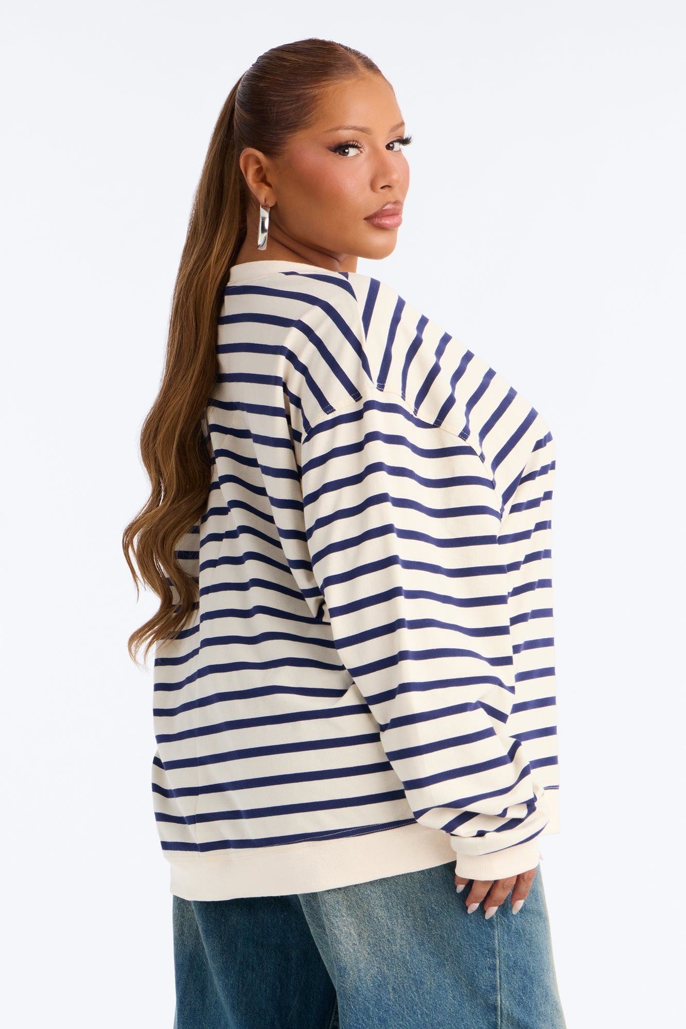 Stay Cool Striped Oversized Long Sleeve Top - Navy/combo image 3