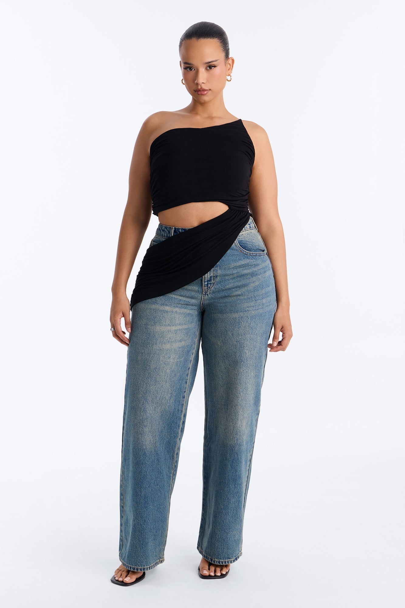 Sierra Ruched One Shoulder Drape Top - Black image 2