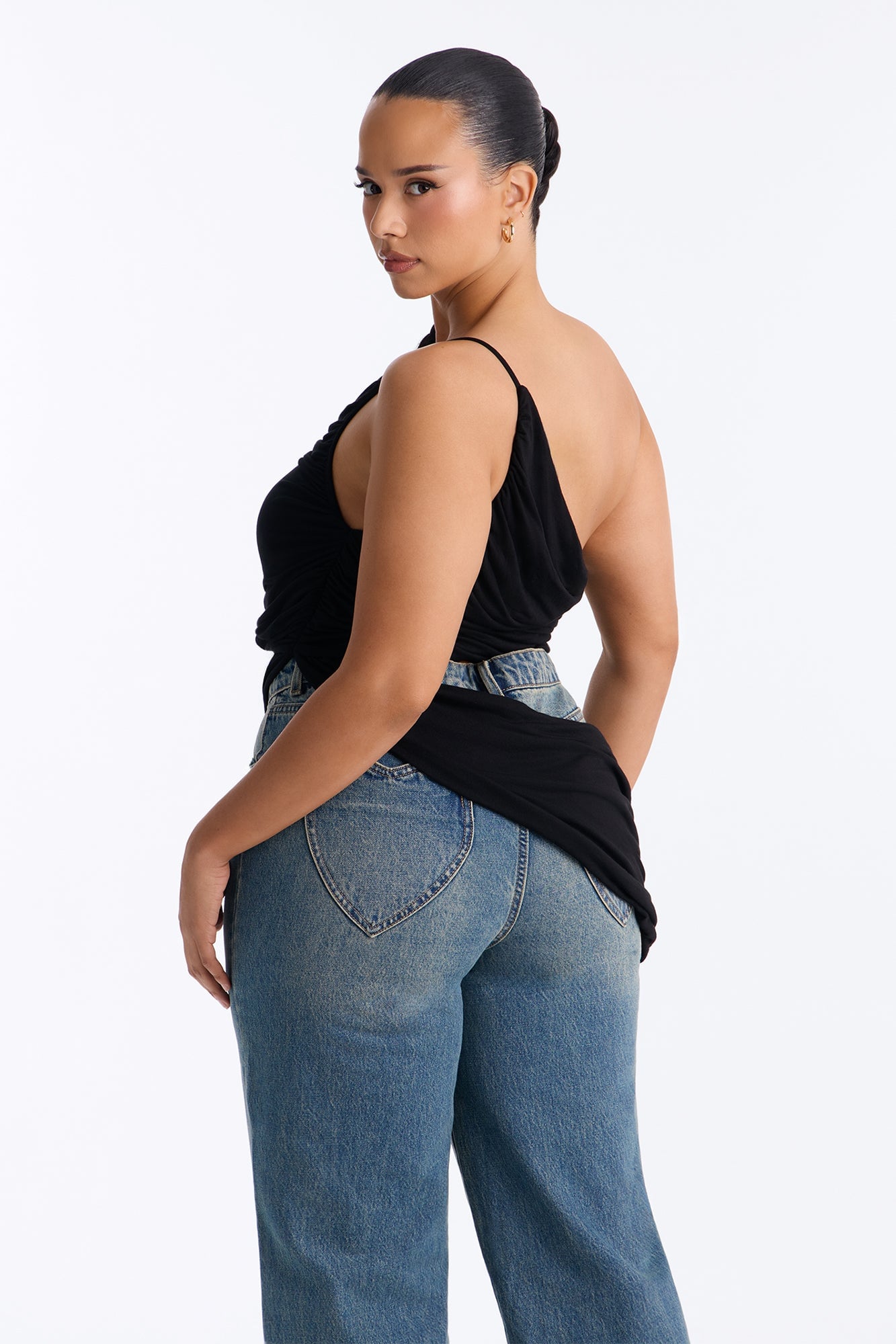 Sierra Ruched One Shoulder Drape Top - Black image 3