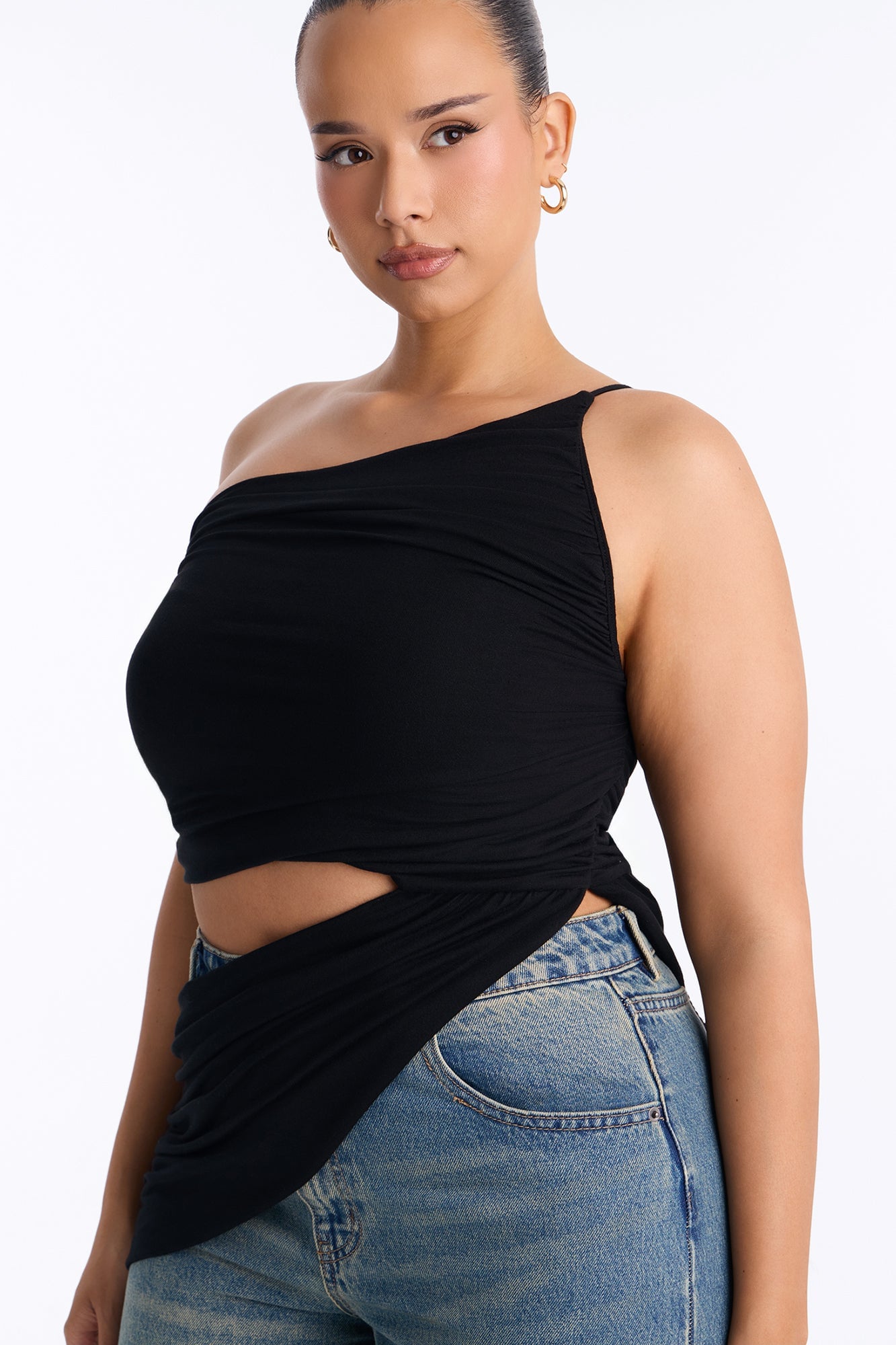 Sierra Ruched One Shoulder Drape Top - Black image 4