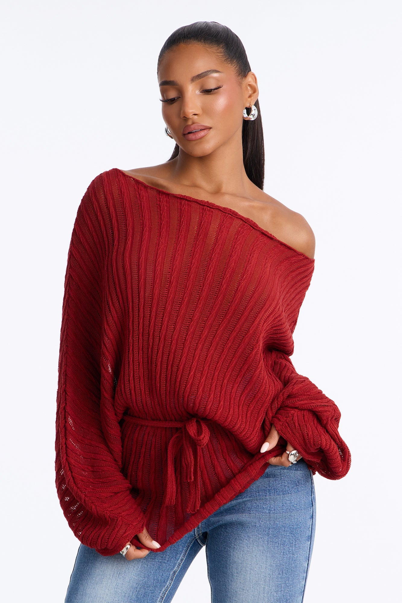 Silent Romance Tie Waist Pullover Sweater - Rust image 5