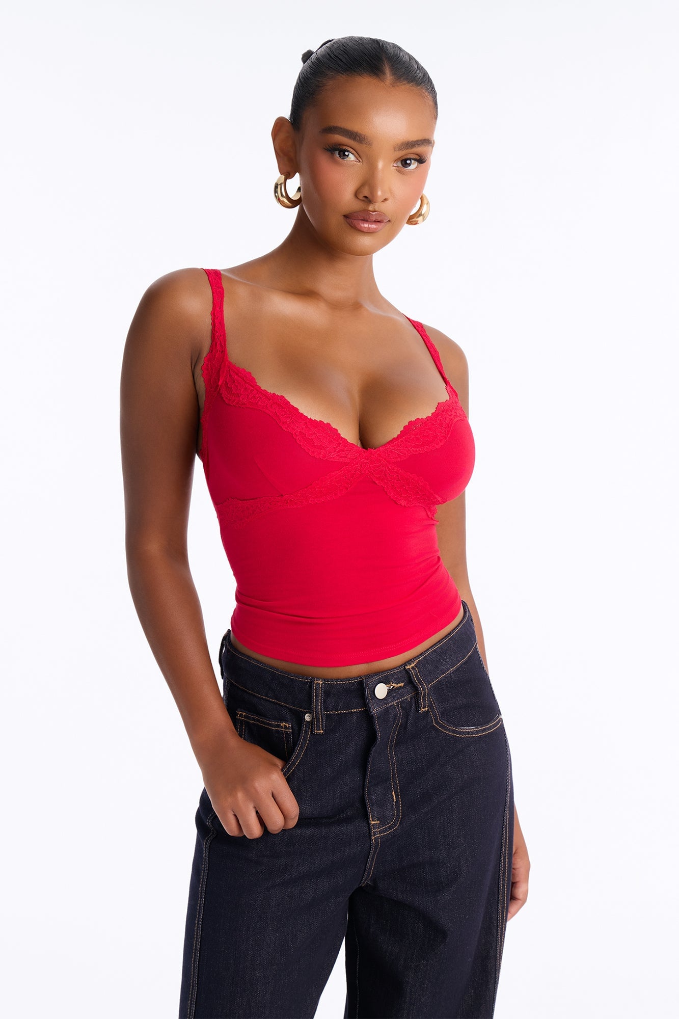Lily Lace Trim V Neck Tank Top - Red image 1