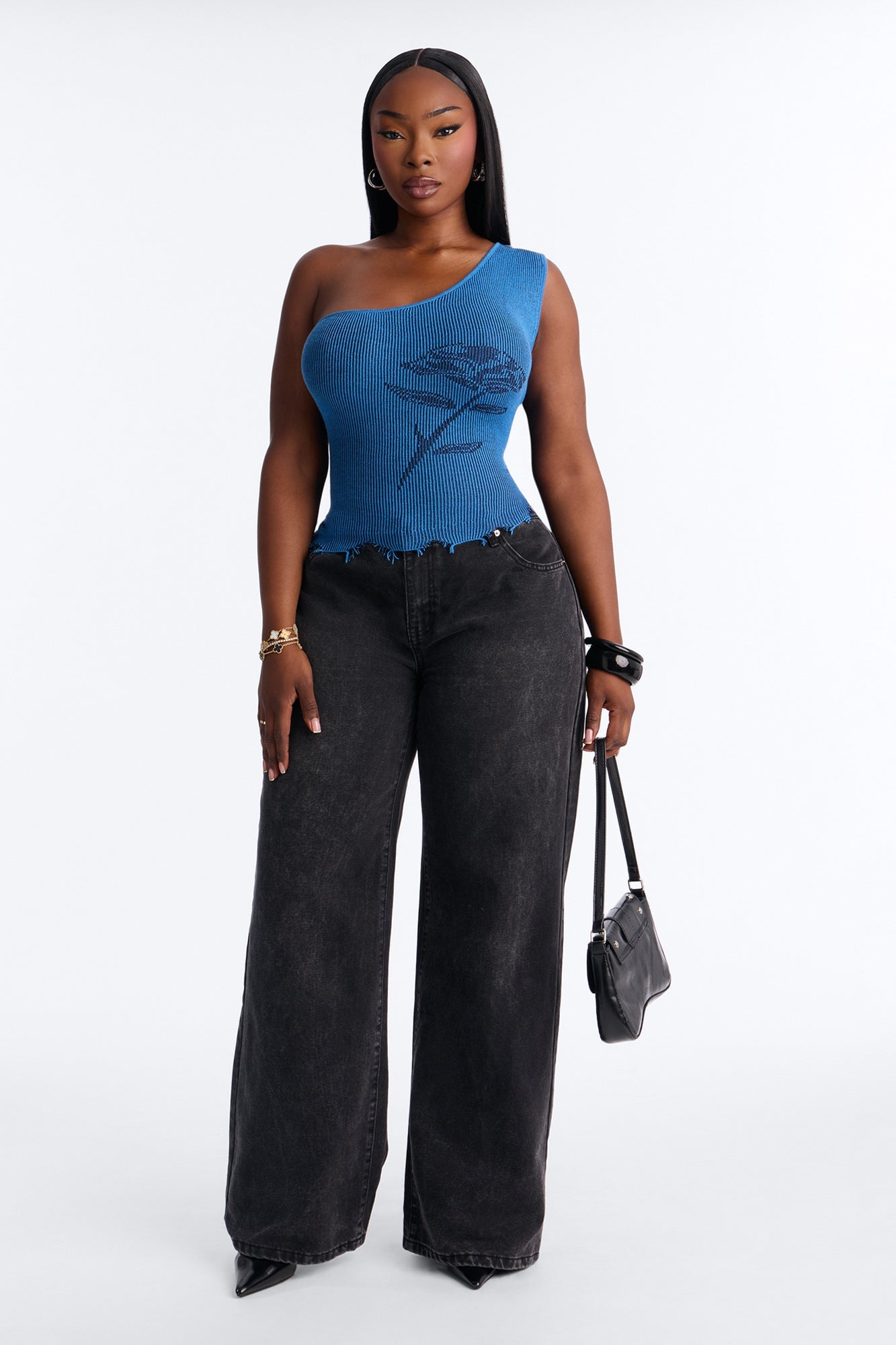 Rosie One Shoulder Sweater Top - Blue/combo image 2