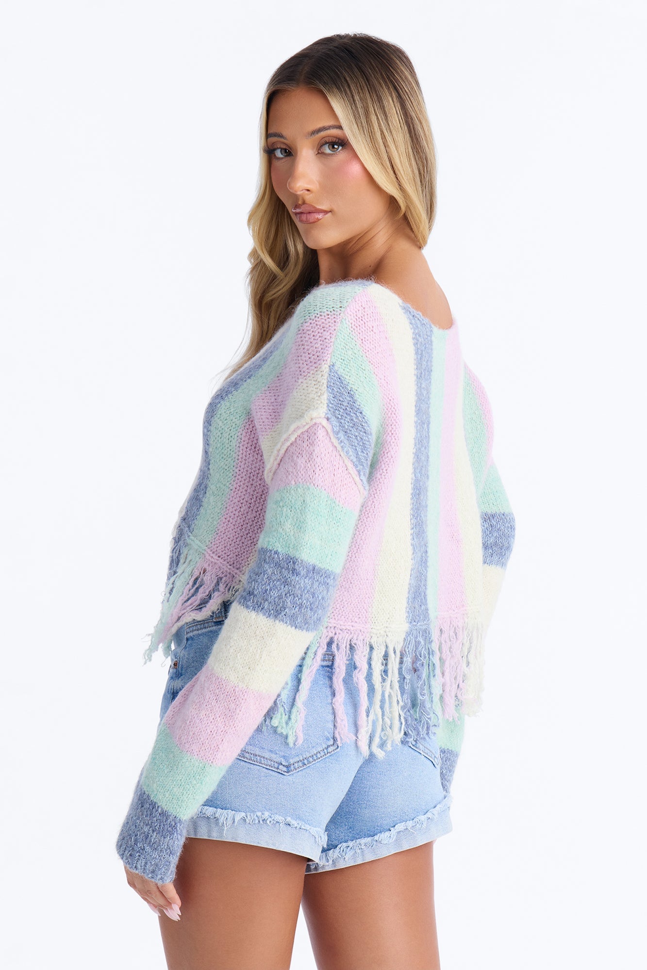 Hallie Off Shoulder Long Sleeve Fringe Sweater - MultiColor image 4