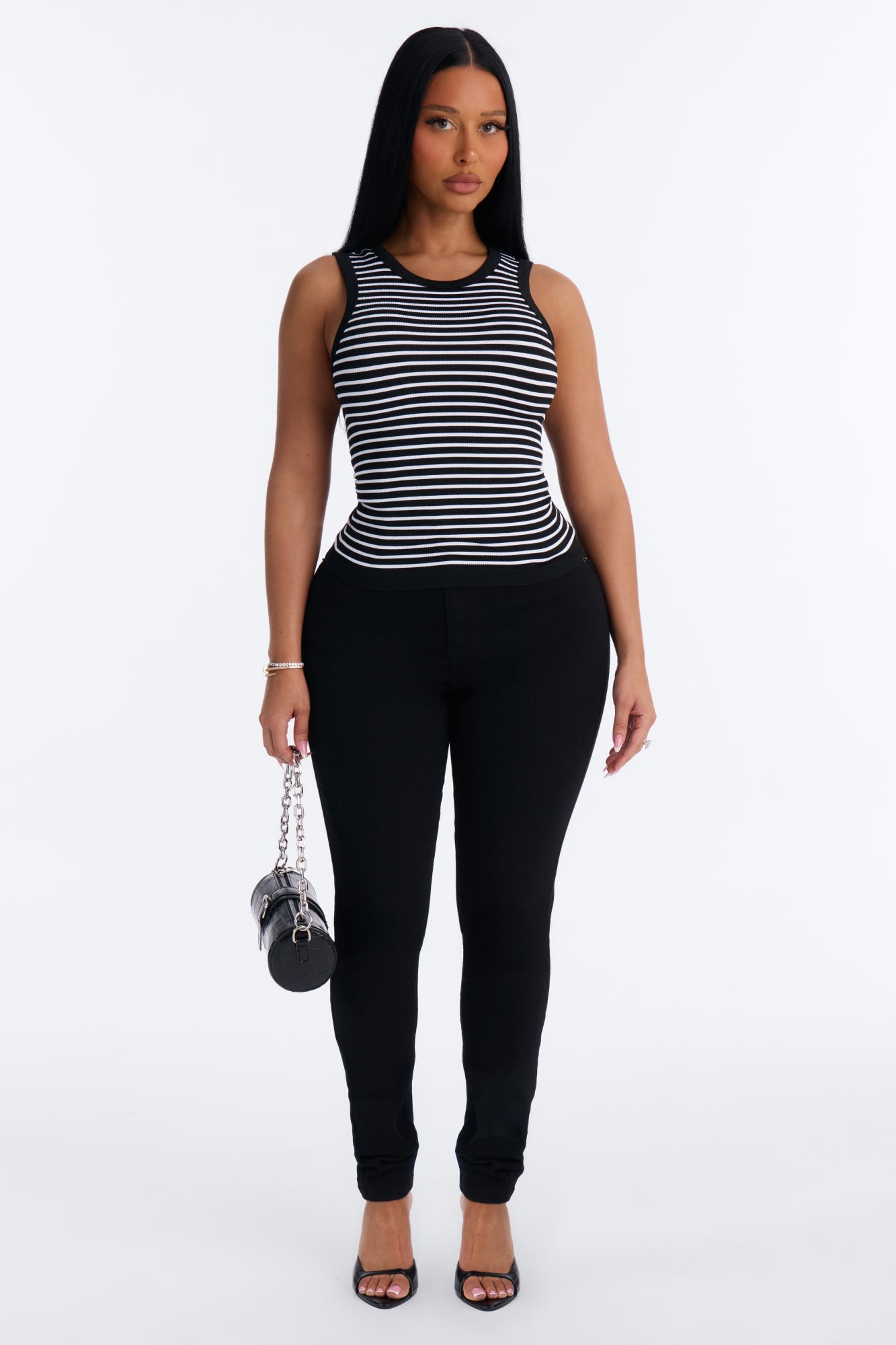 Rianna Ribbed Contrast Binding Stripped Crew Neck Tank Top - Black/White image 2