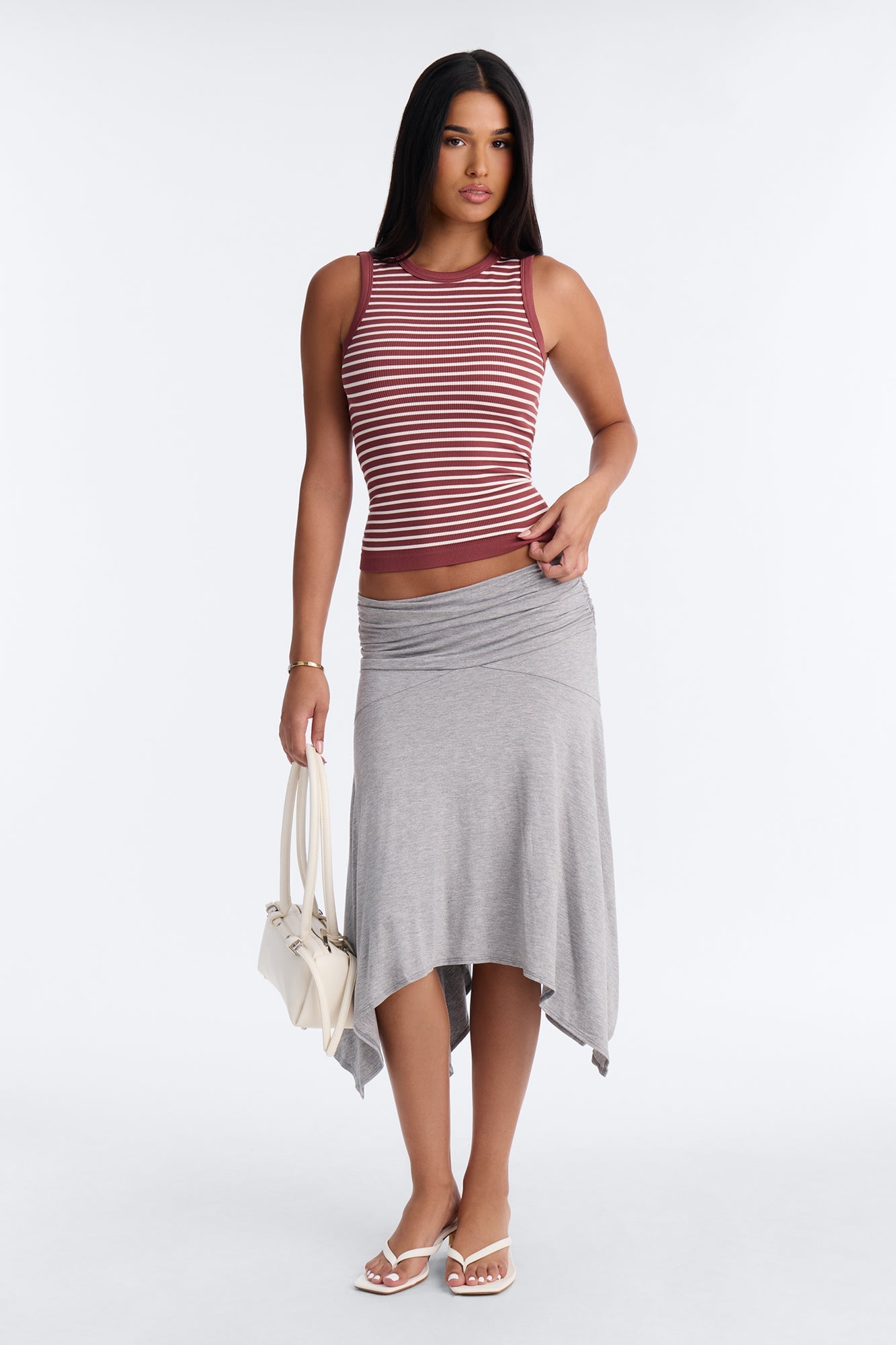 Rianna Ribbed Contrast Binding Stripped Crew Neck Tank Top - Burgundy/combo image 2