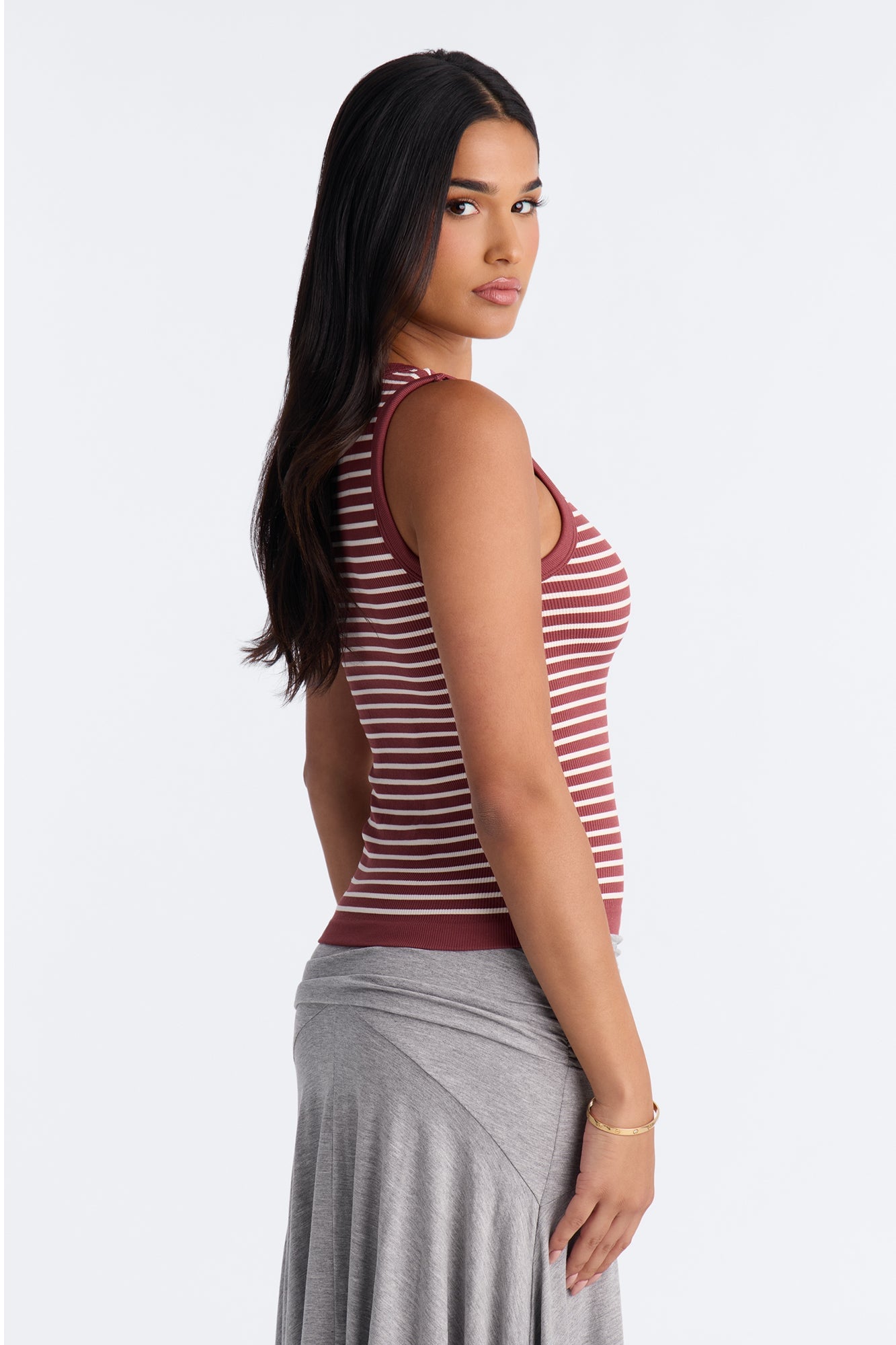 Rianna Ribbed Contrast Binding Stripped Crew Neck Tank Top - Burgundy/combo image 4