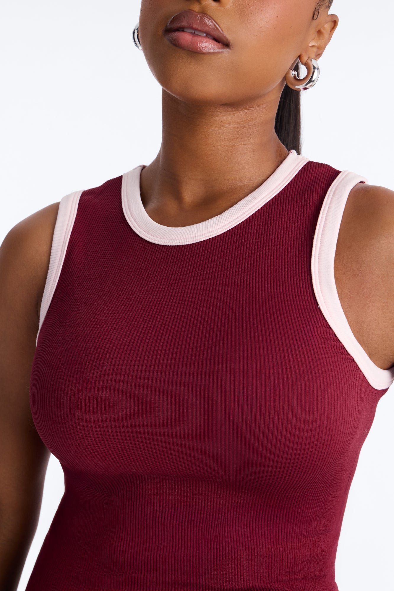 Rachel Ribbed Contrast Binding Crew Neck Tank Top - Burgundy/combo image 3
