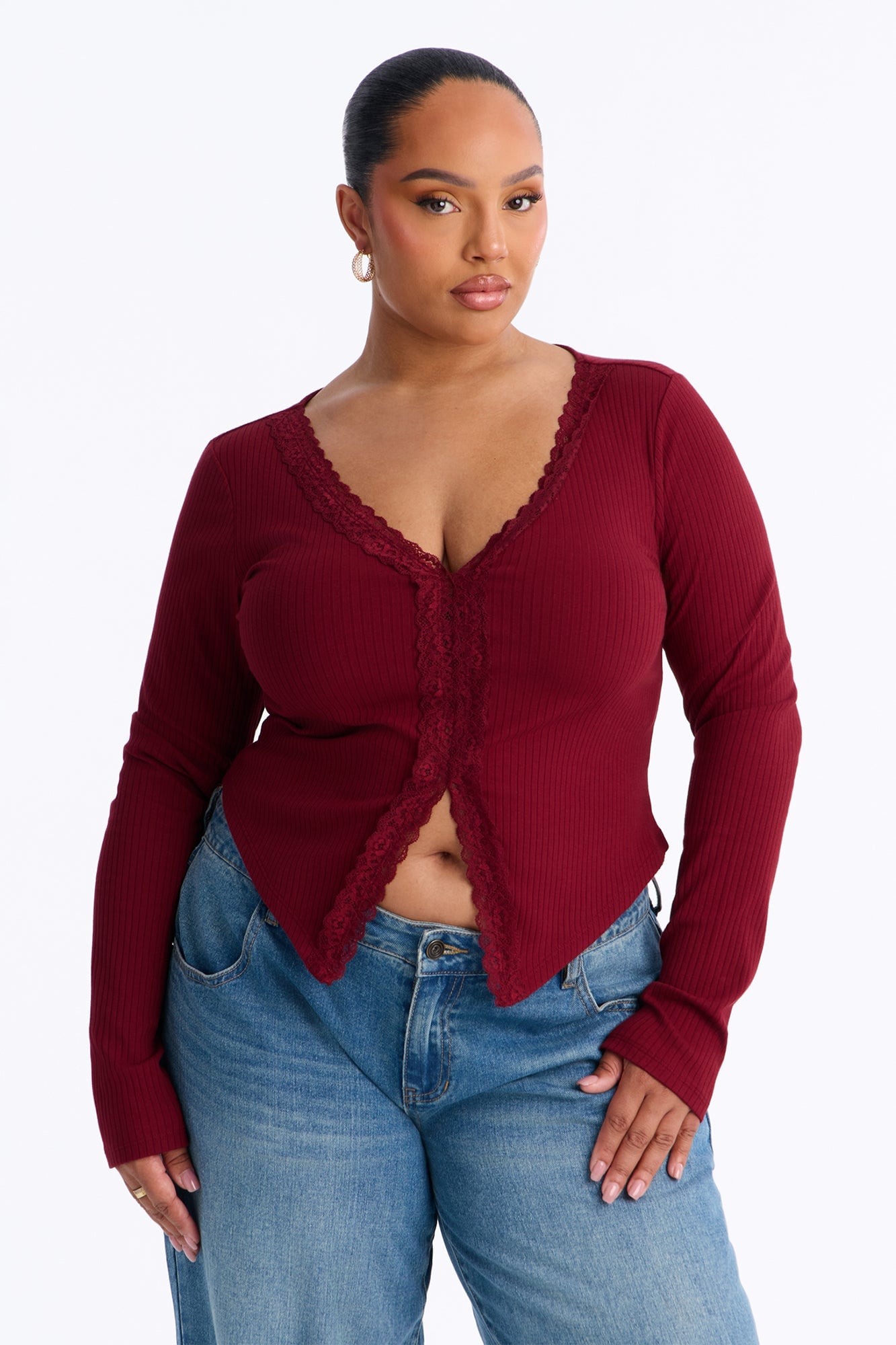 Alta Ribbed Long Sleeve Lace Trim Top - Burgundy image 1