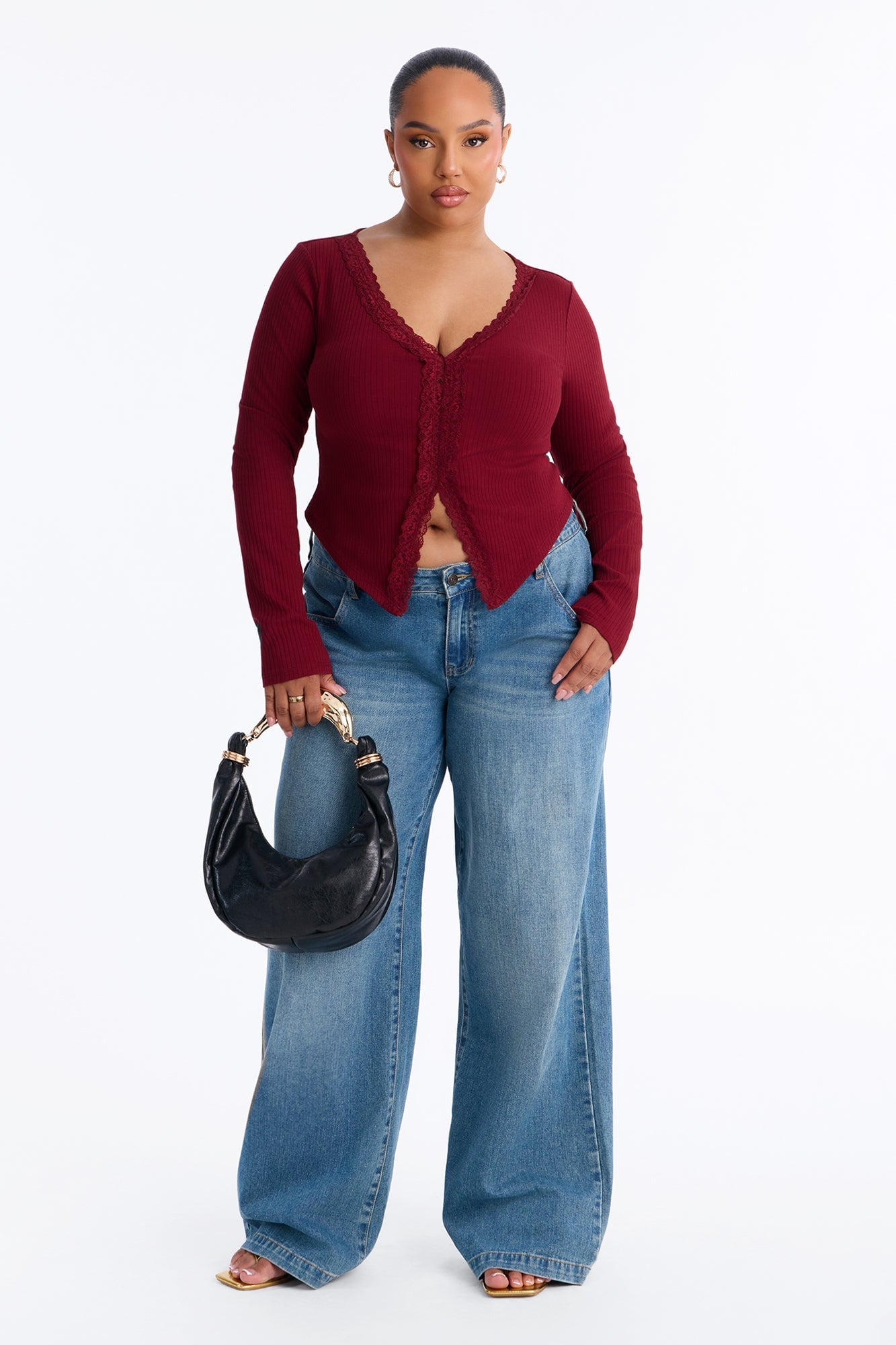 Alta Ribbed Long Sleeve Lace Trim Top - Burgundy image 2