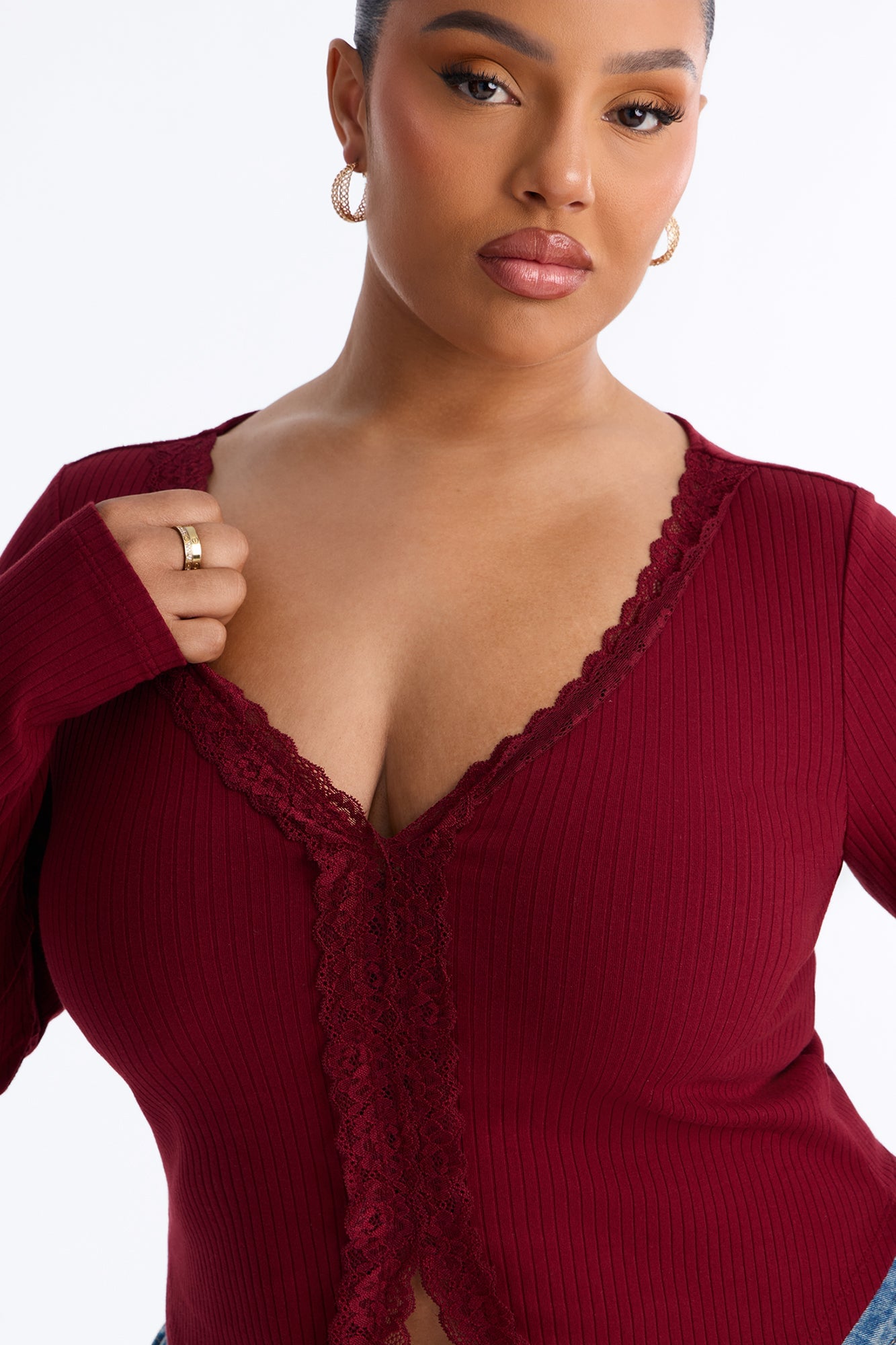 Alta Ribbed Long Sleeve Lace Trim Top - Burgundy image 3