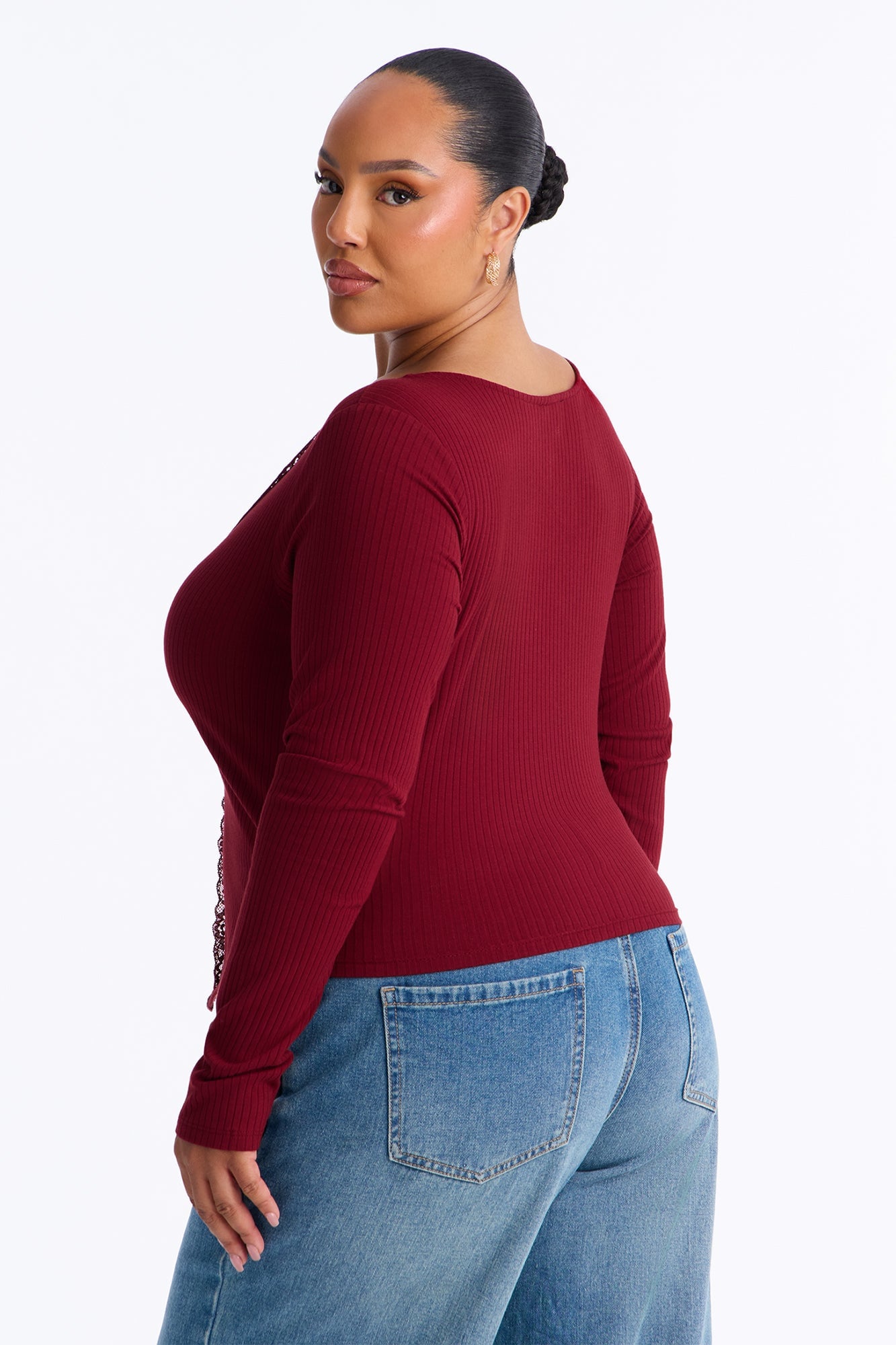 Alta Ribbed Long Sleeve Lace Trim Top - Burgundy image 4